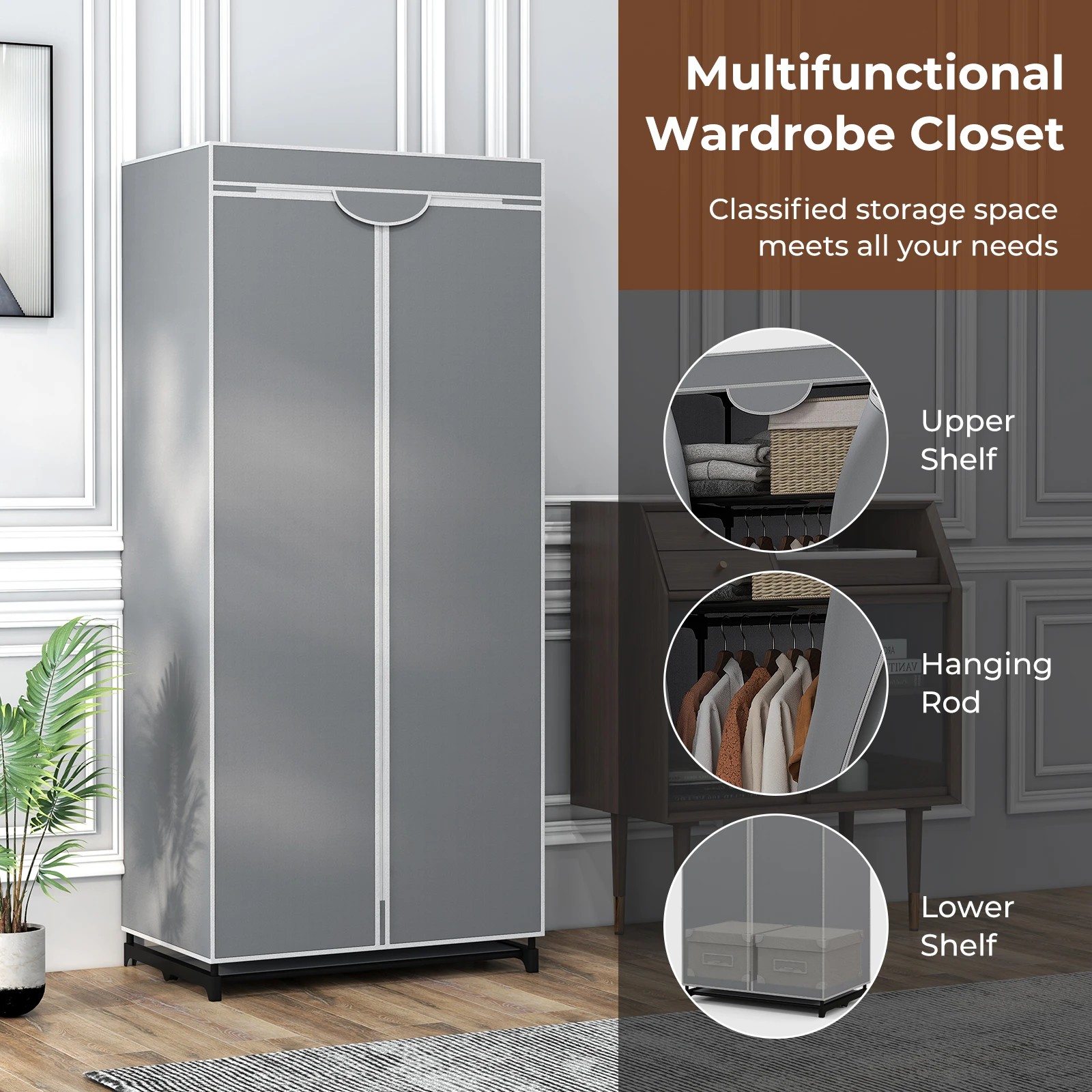 5 Costway Fabric Wardrobe Folding Garment Cabinet Clothes - Grey, 5 of 8