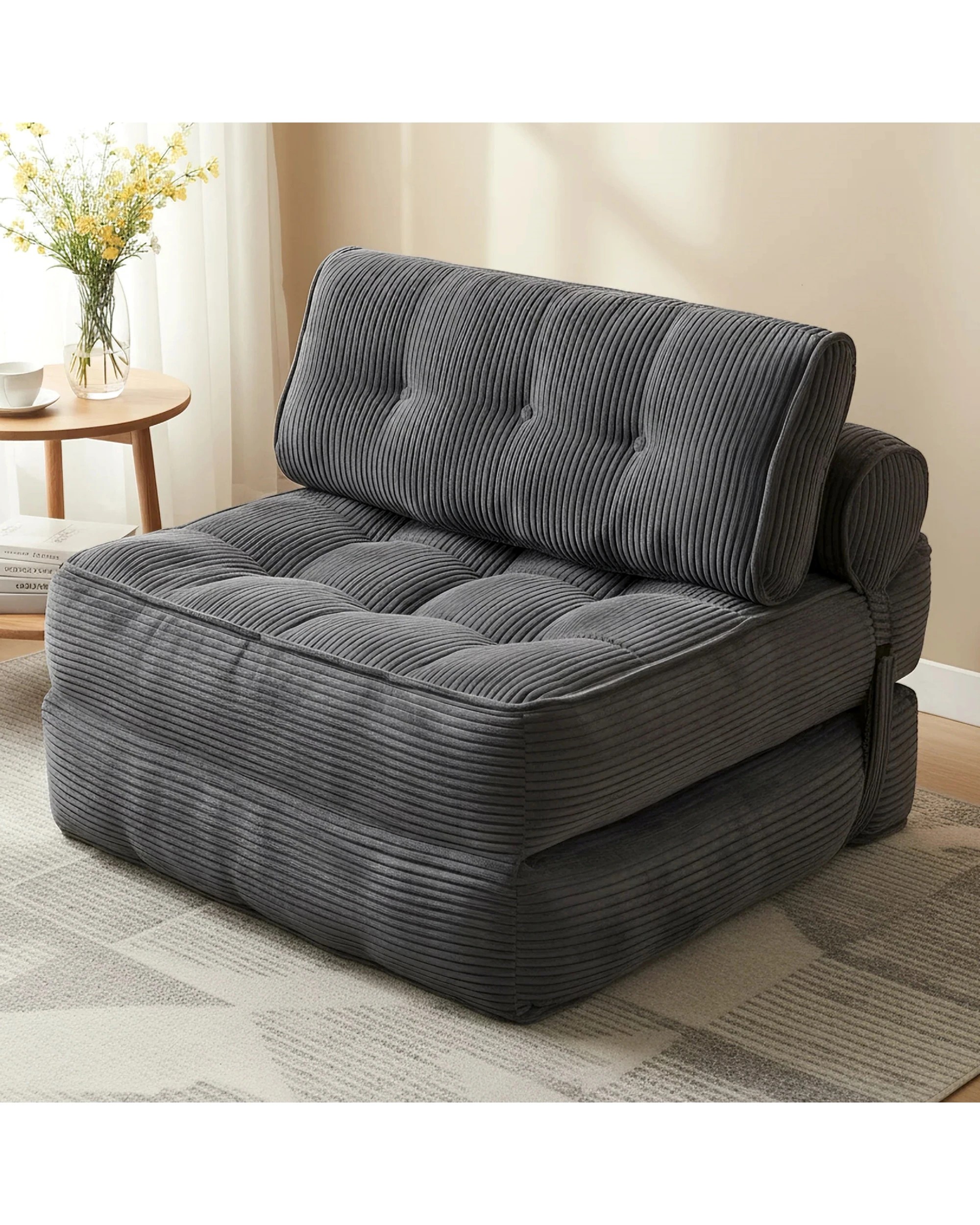 3 Advwin 3-in-1 Floor Folding Sofa Bed Convertible Sleeper Chair w/ Pillow Single Corduroy Lazy Sofa Couch Mattress Dark, 3 of 8