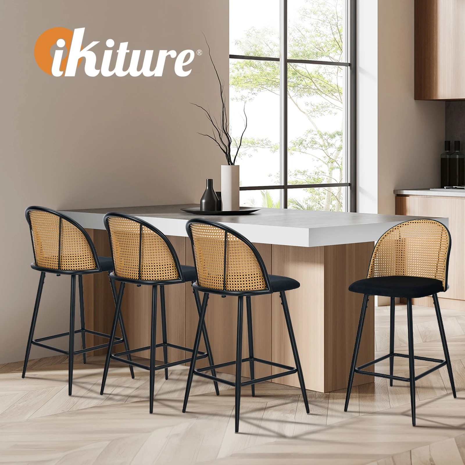 5 Oikiture Bar Stools Kitchen Counter Stool Rattan Dining Chair Velvet X4
 - Black, 5 of 10