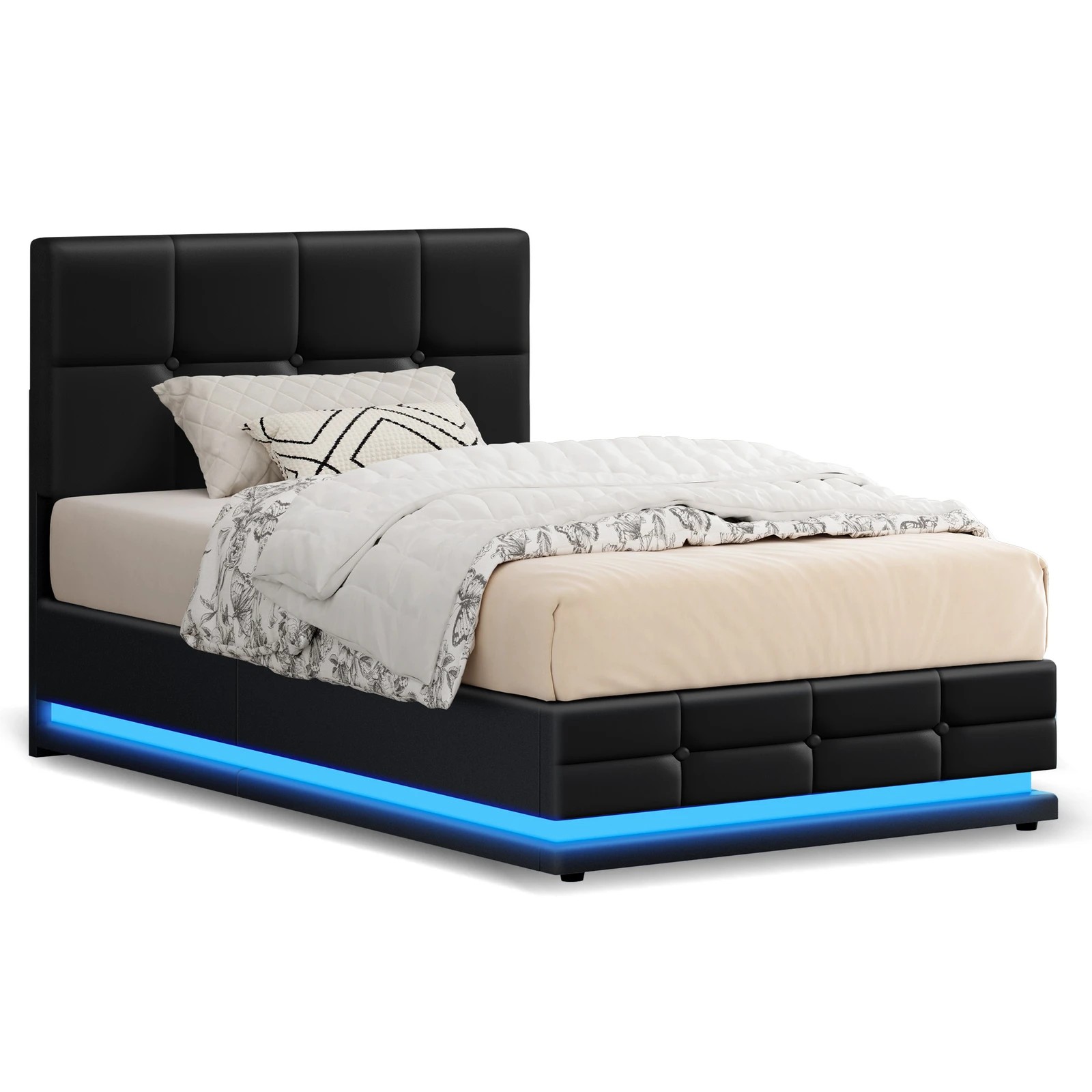 1 Alfordson Bed Frame Single Size Platform RGB LED Gas Lift Base Storage - Black, 1 of 10