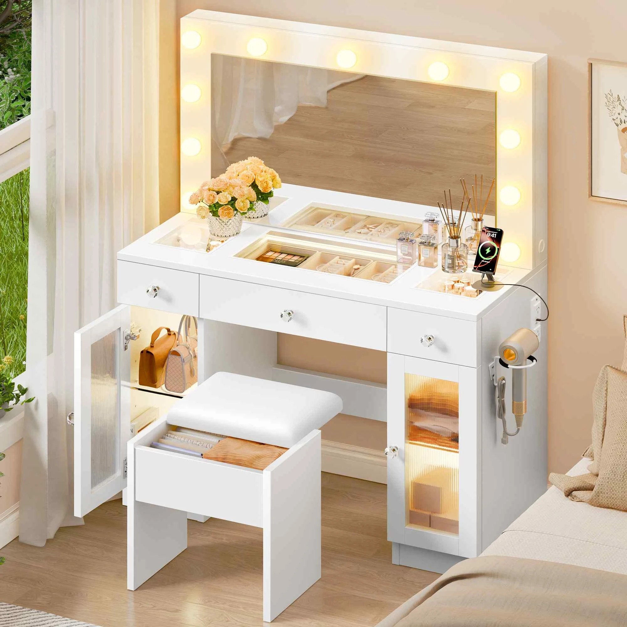 Alfordson Dressing Table with RGB Light Charging Station Mirror - White ...