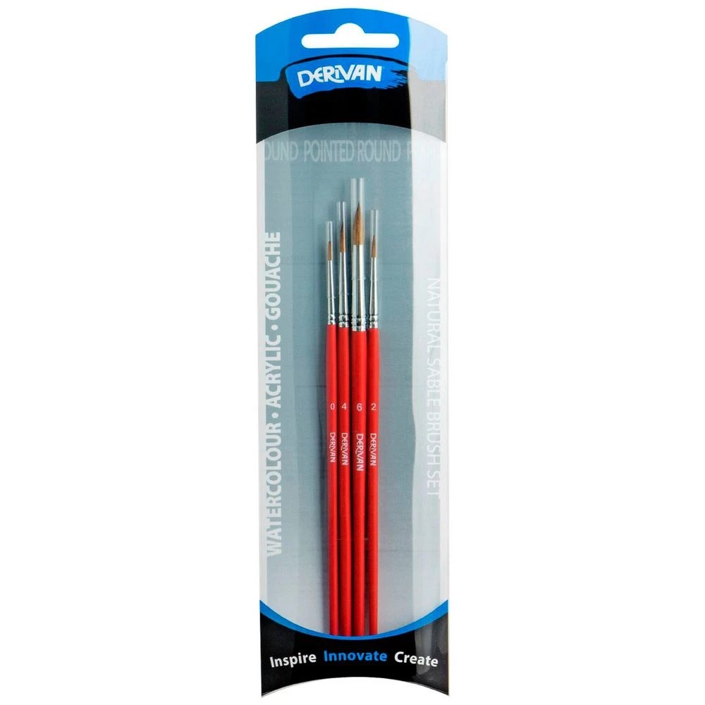 1 Derivan Short Handle Round Sable Paintbrush Set 4 Pack, 1 of 3