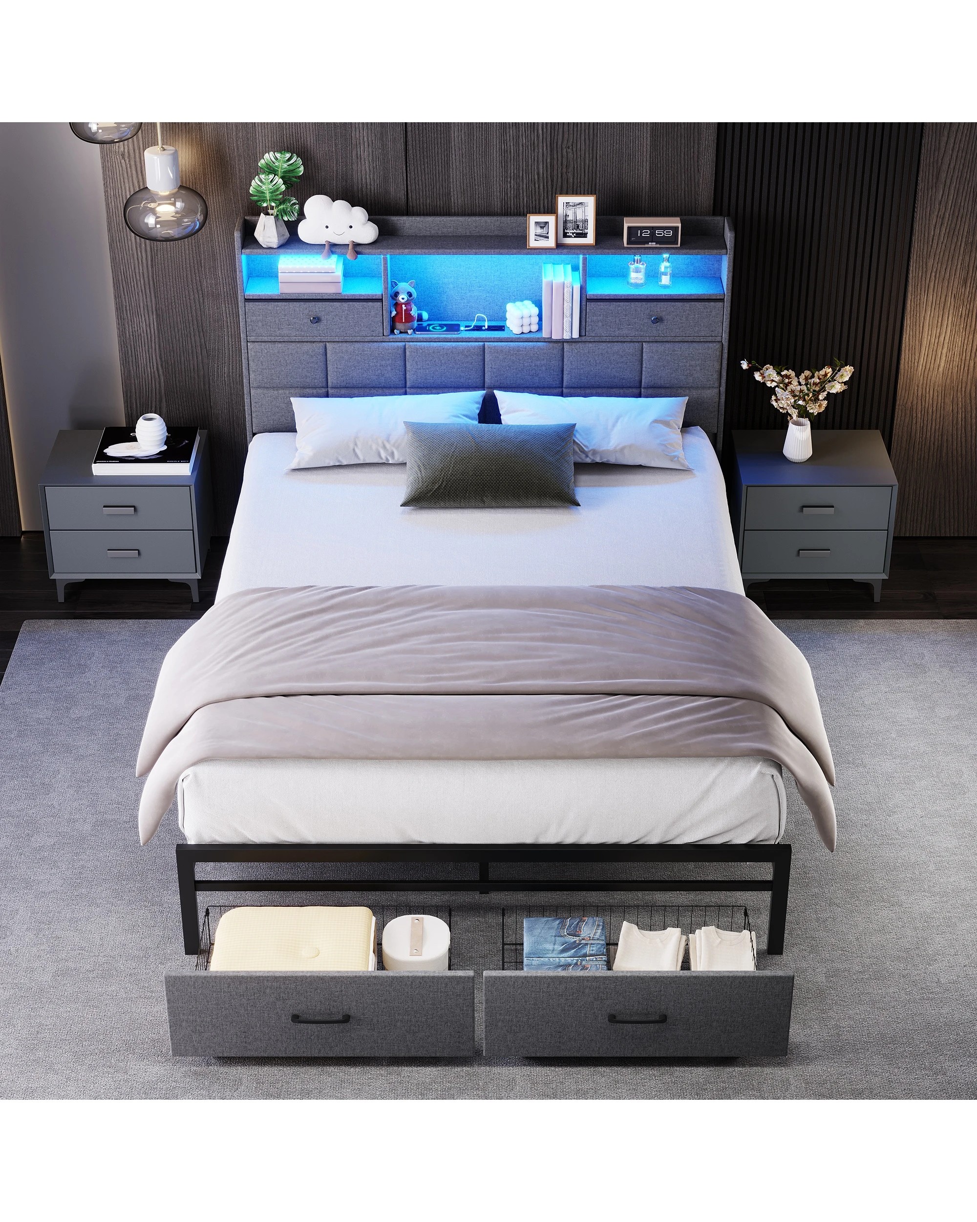 6 Advwin Double Bed Frame with RGB LED and Charging Station - Grey, 6 of 6