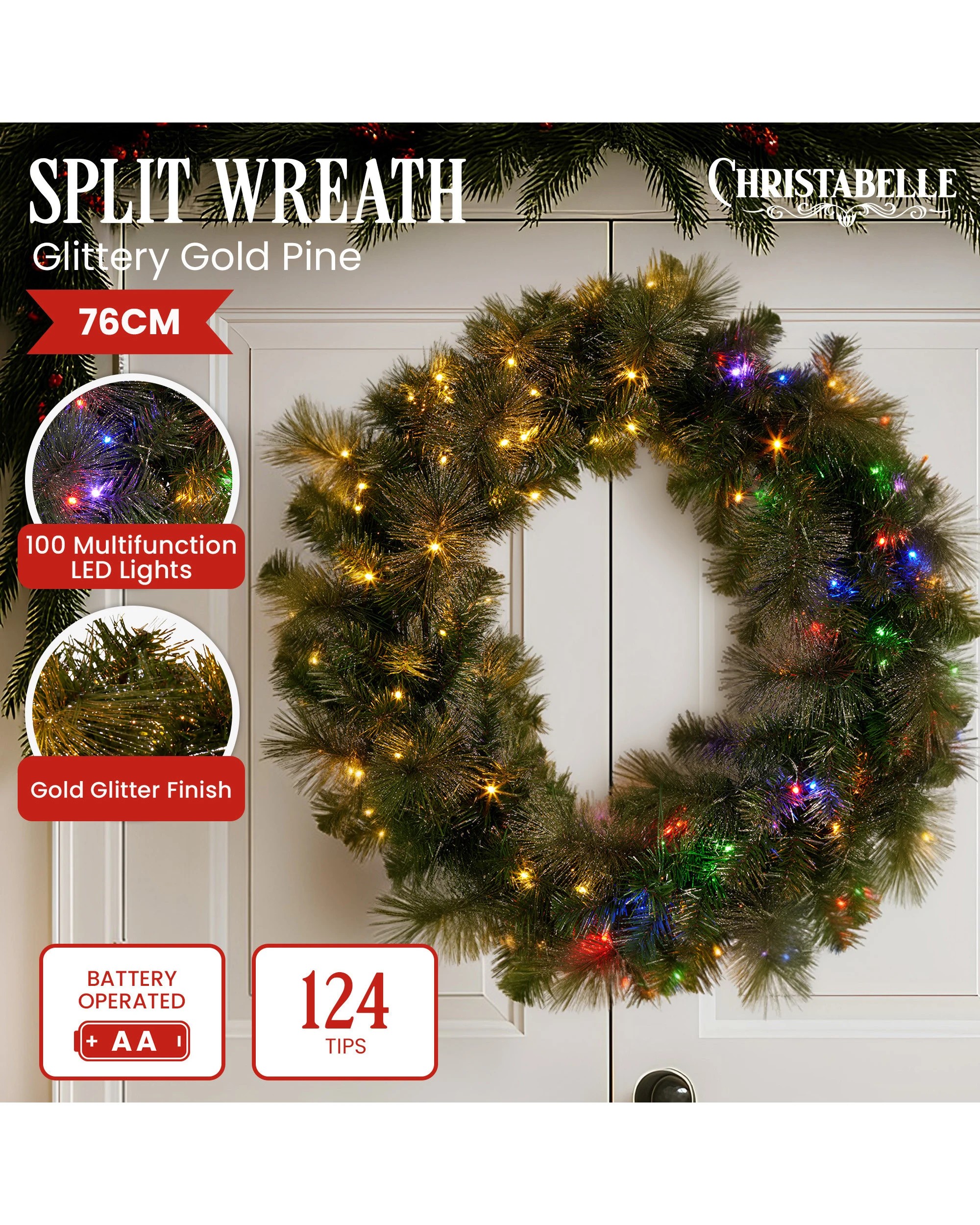 2 Christabelle 76cm Split Christmas Wreath With Led Lights For Double Front Doors Decoration, 2 of 8