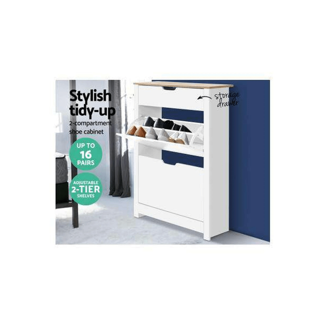 3 Shoe Cabinet Rack Storage Organiser Cupboard Shelf Drawer 16 Pairs White - White, 3 of 7