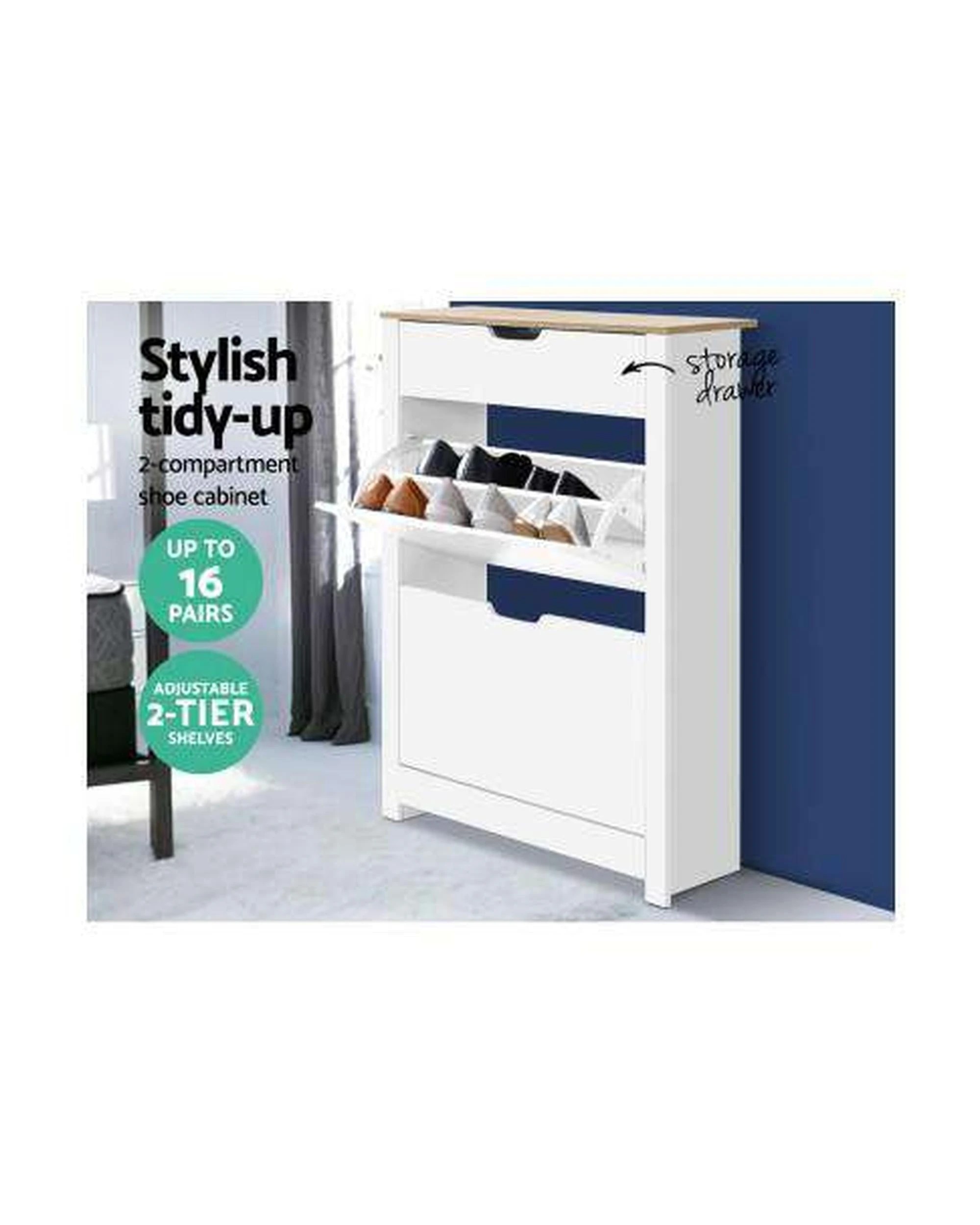 3 Shoe Cabinet Rack Storage Organiser Cupboard Shelf Drawer 16 Pairs White - White, 3 of 7