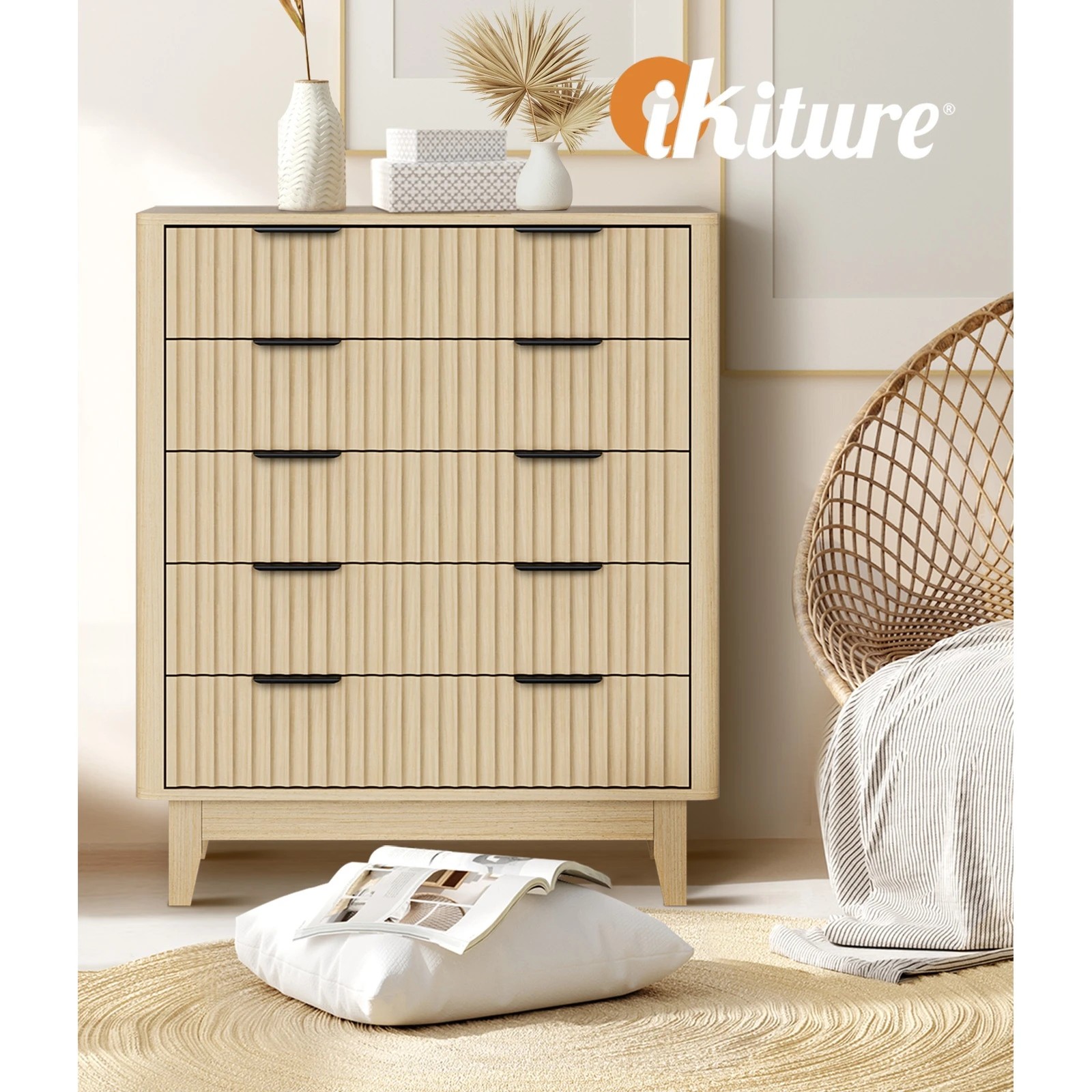 5 Oikiture 5 Chest Of Drawers Storage Cabinet Dressers Tallboy Stripe
 - Natural, 5 of 9