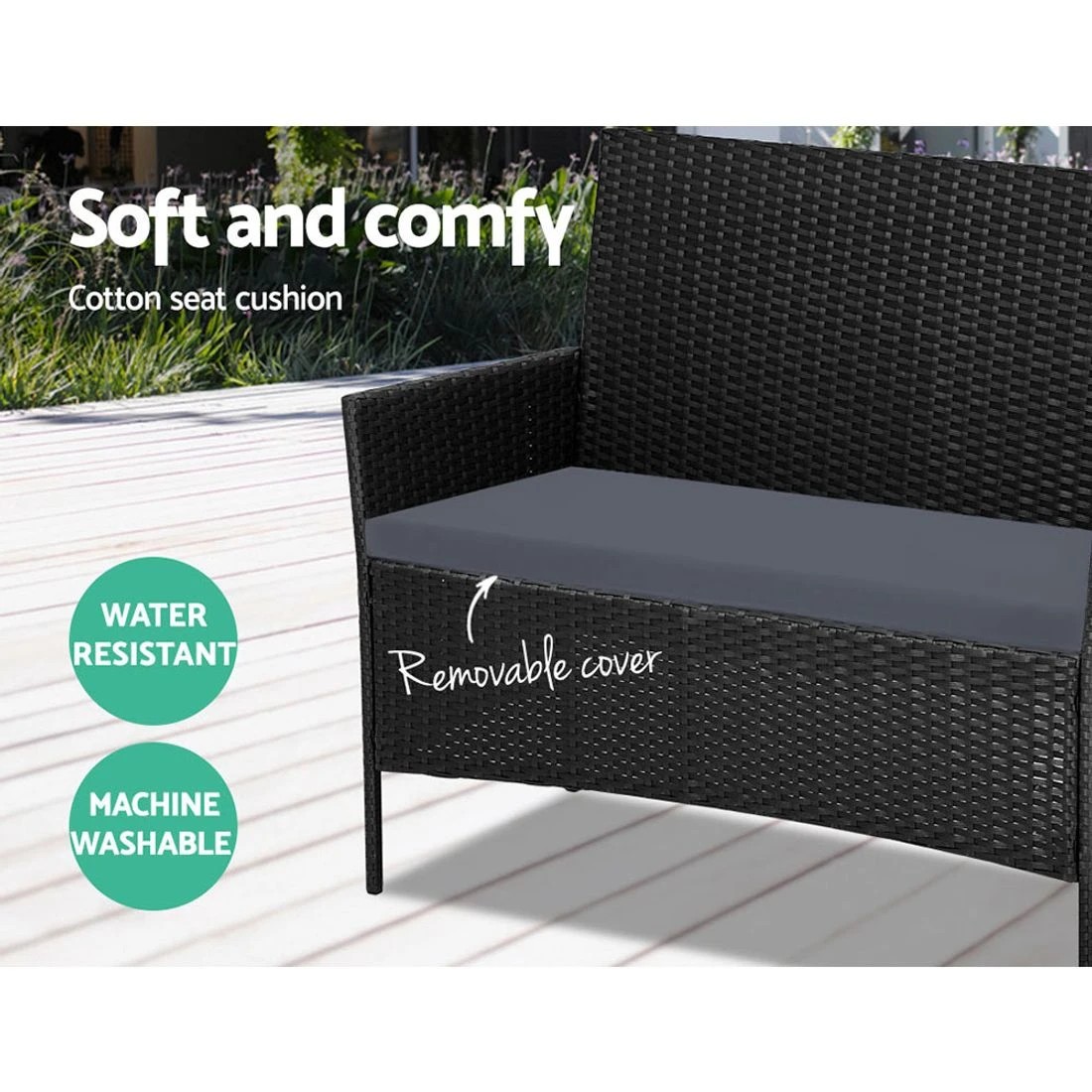 4 Gardeon 4 Seater Outdoor Sofa Set Wicker Setting Table Chair Furniture - Black, 4 of 8