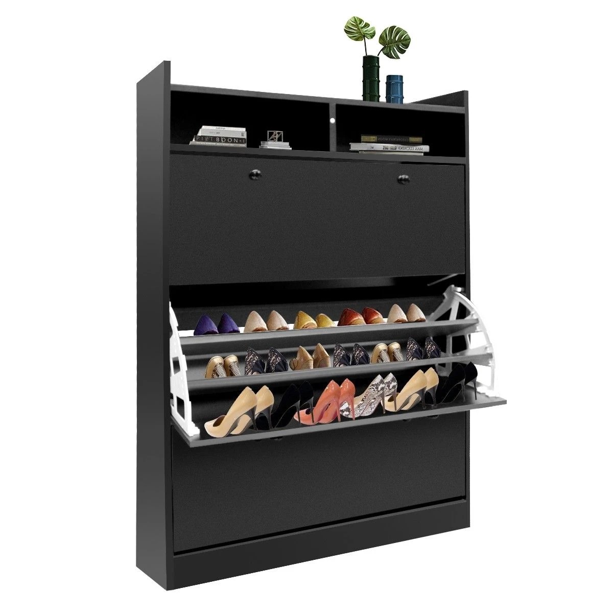 1 Ausway 45 Pairs Wood Shoe Cabinet Rack Storage Shelves in Black Finish, 1 of 5