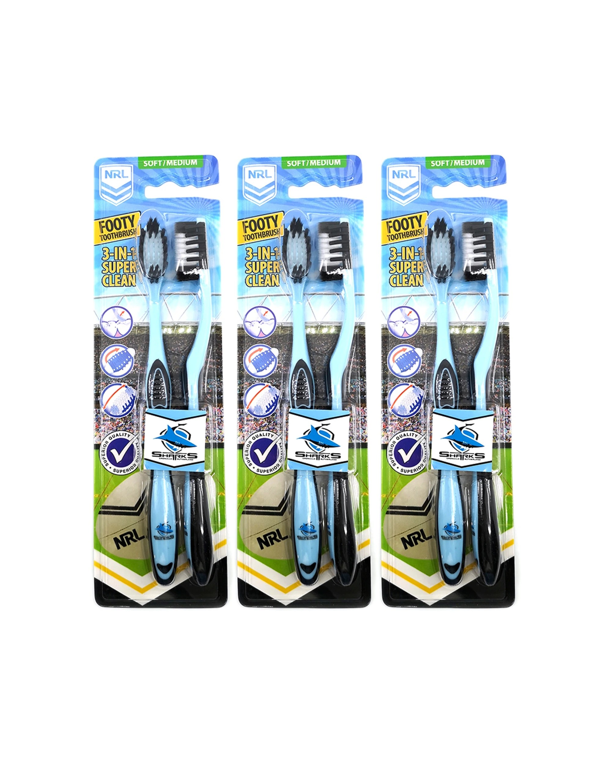 1 NRL 3x 2pc Cronulla Sharks Soft/Medium Toothbrush Kids/Adults Oral Care - Multi, 1 of 1