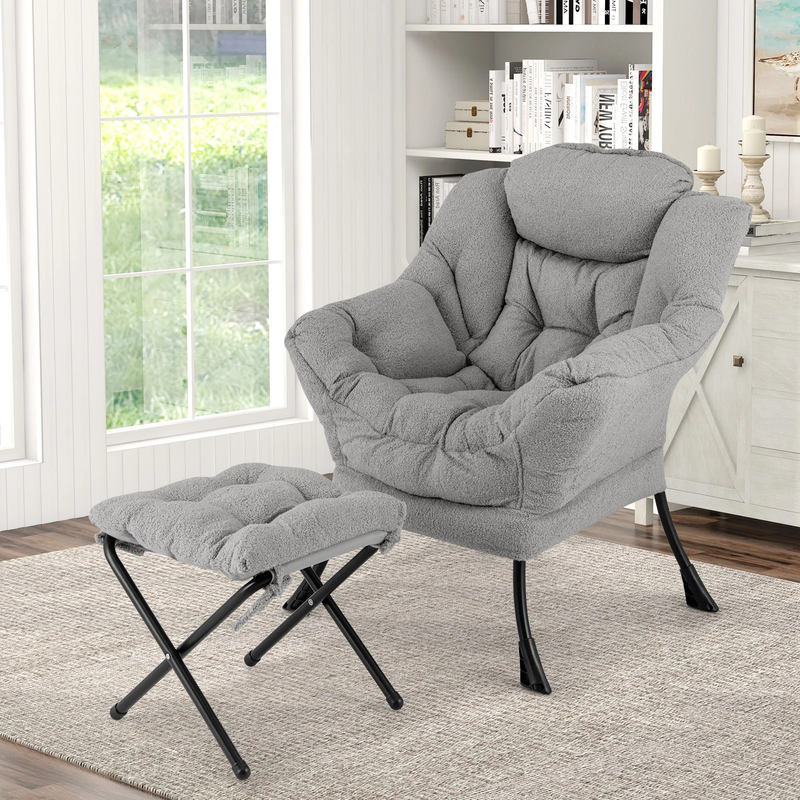 2 Costway Upholstered Lounge Chair Ottoman Modern Sofa Accent Armchair Couch w/Folding Footstool - Grey, 2 of 4