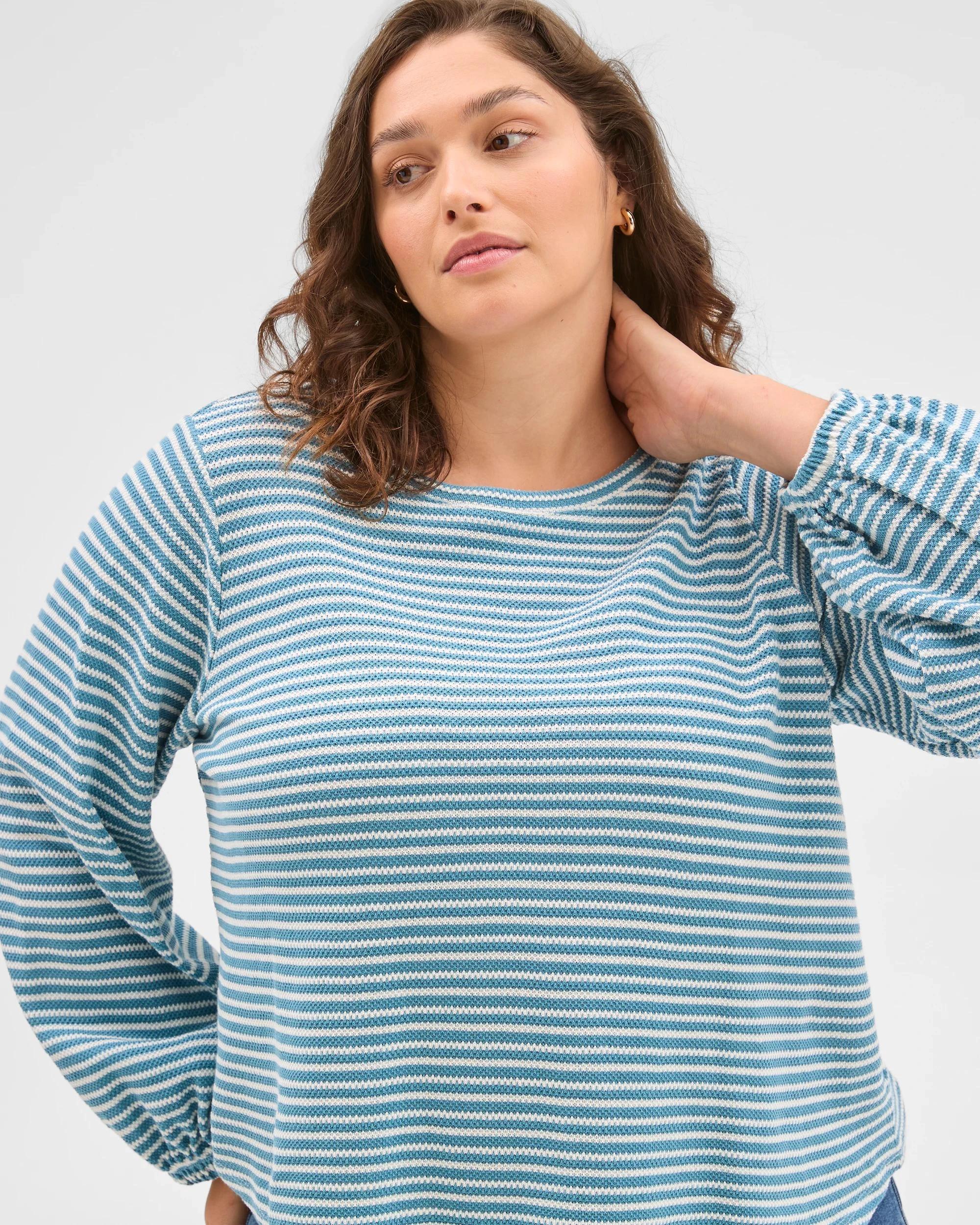 6 Target Curve Plus Size Australian Cotton Long Sleeve Stripe Textured Top SEA TEAL/CLOUD DANCER, 6 of 6