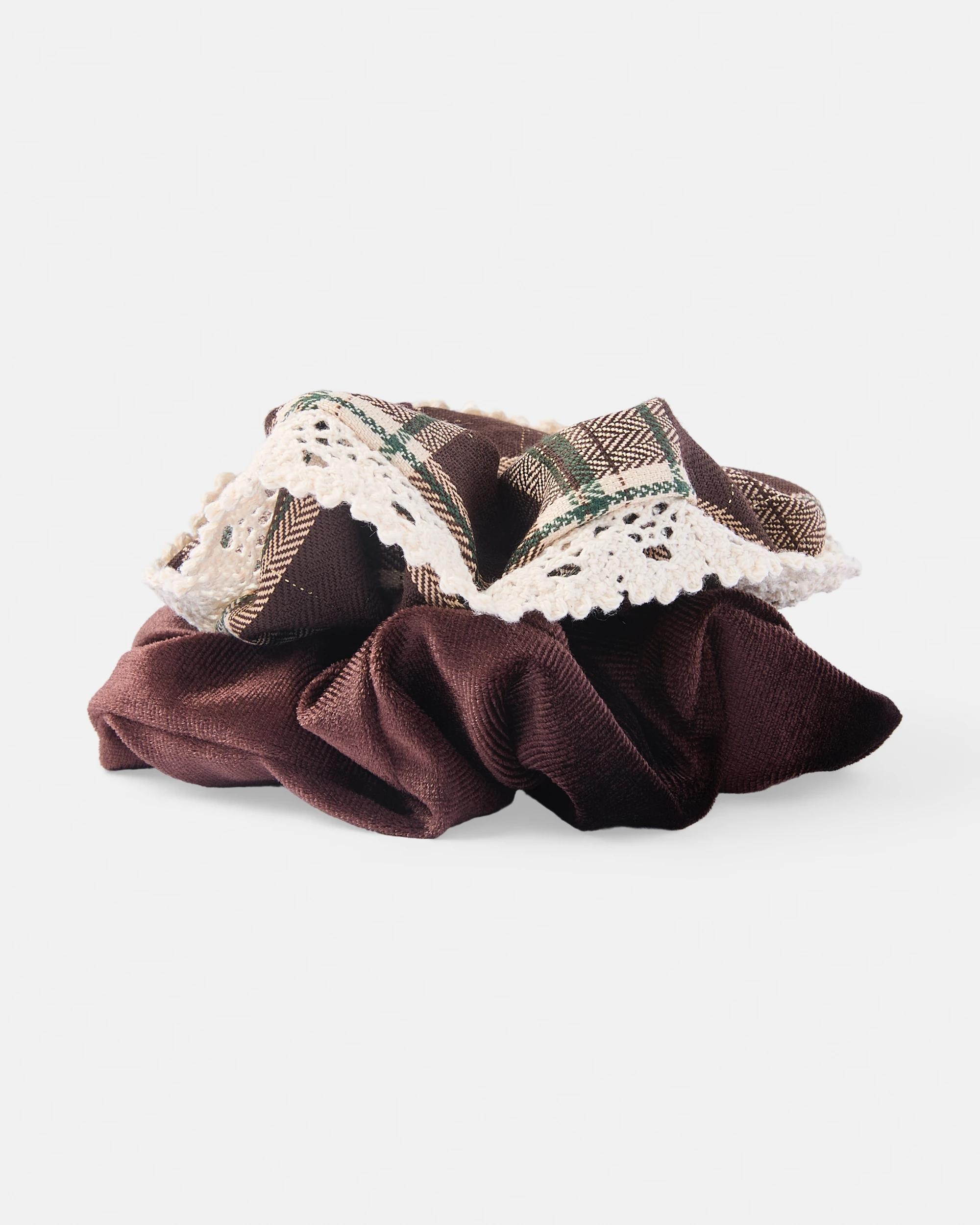 1 2 Pack Check Hair Scrunchies Brown, 1 of 4