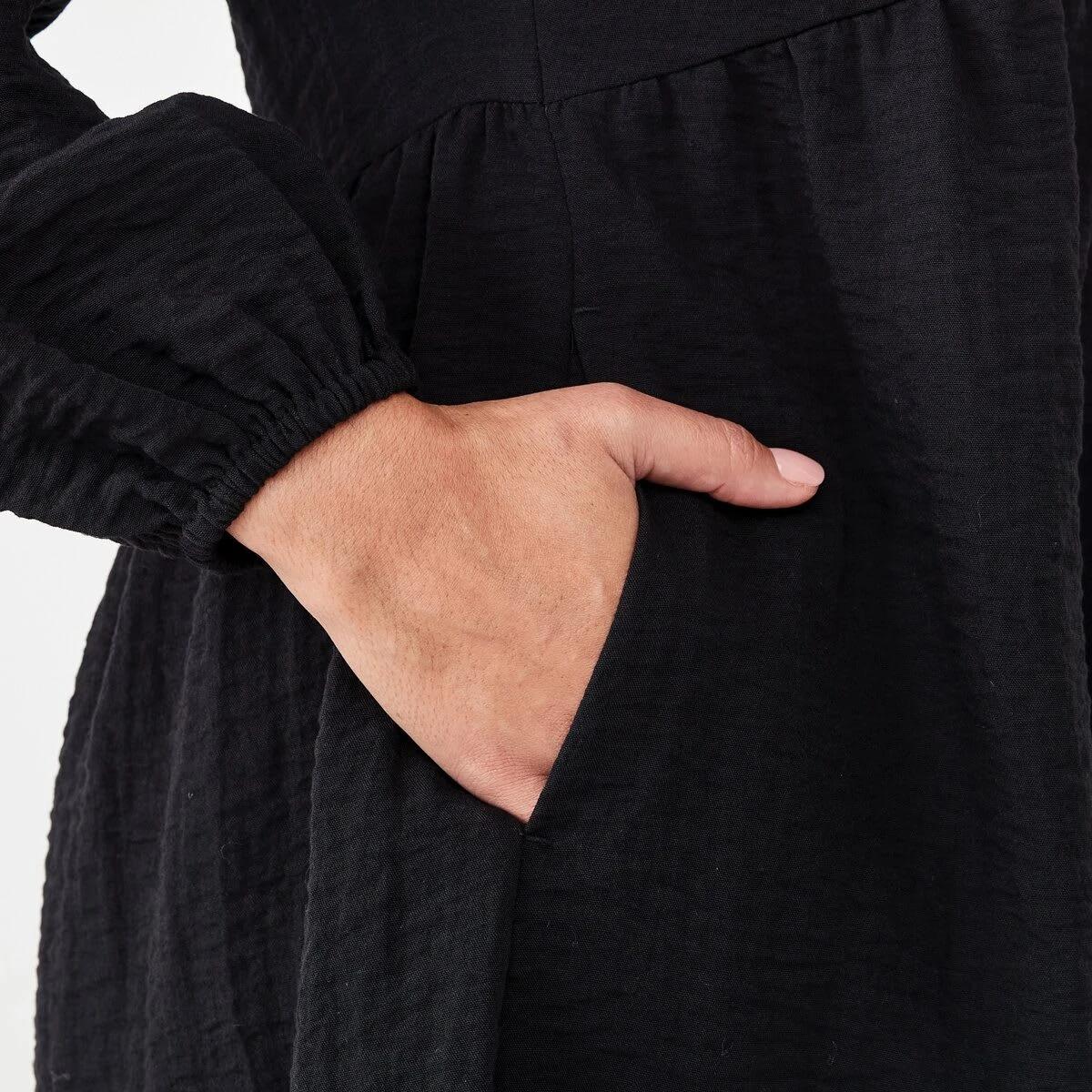 6 Long Sleeve Textured Smock Mini Dress Black, 6 of 7