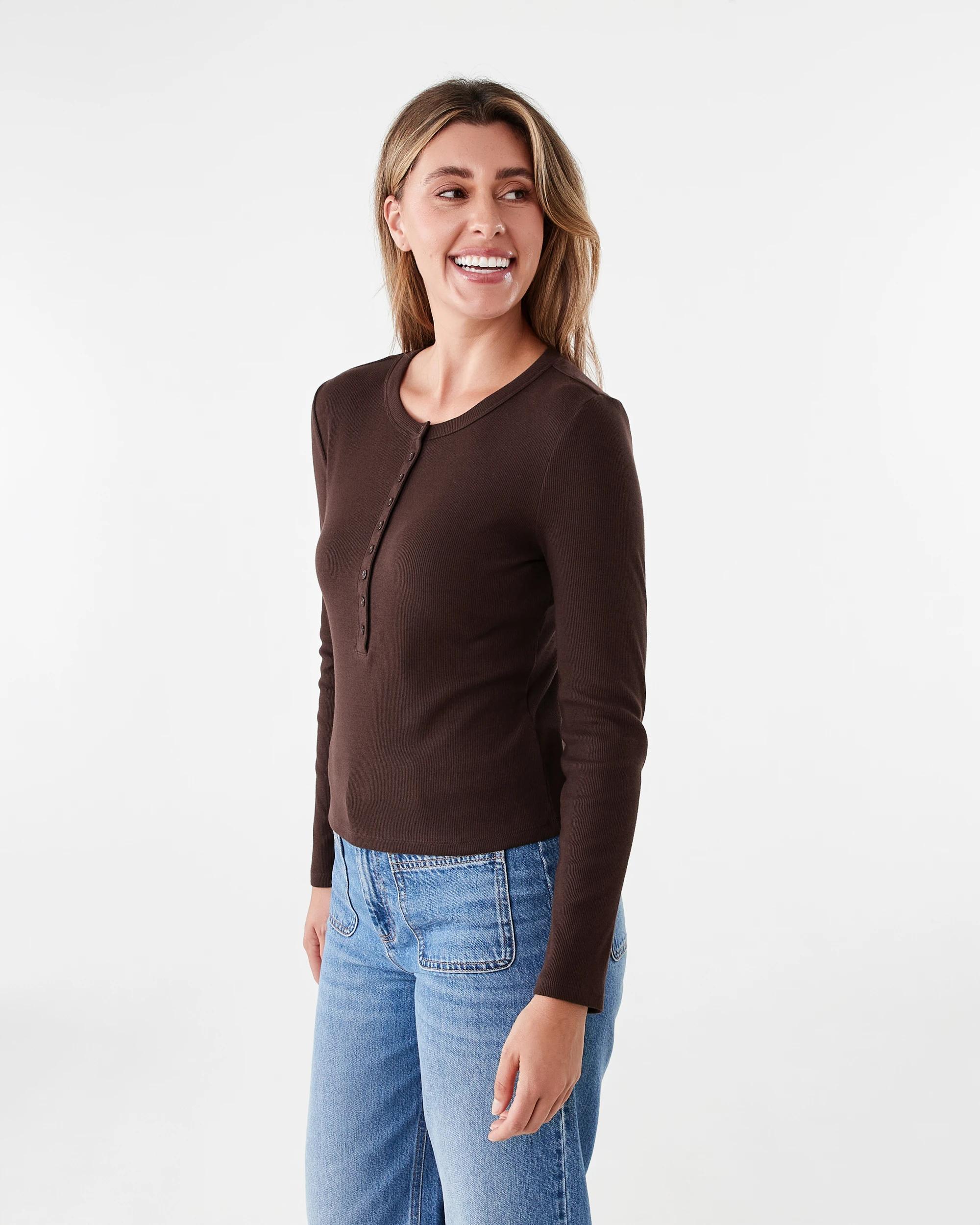 2 Long Sleeve Rib Henley Top Melt Brown, 2 of 7