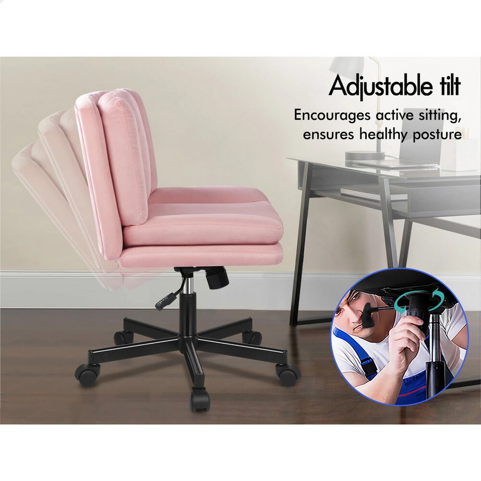 3 Alfordson Armless Office Desk Chair Mid Back Wide Seat w/ Wheels Velvet - Pink, 3 of 10