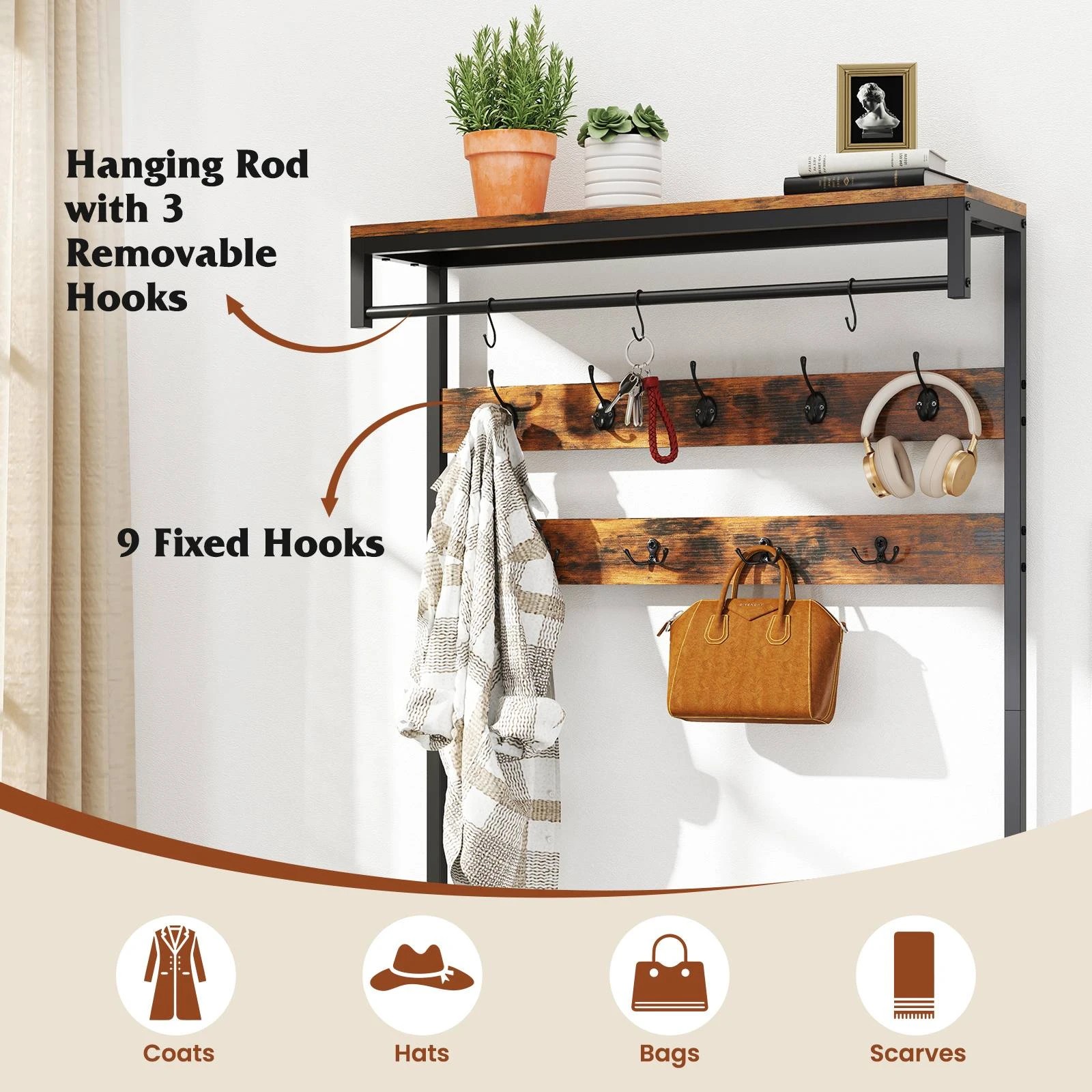 3 Costway Clothes Rack Coat Stand Garment Rack w/Shoe Storage Bench Hall Tree 180cm, 3 of 10