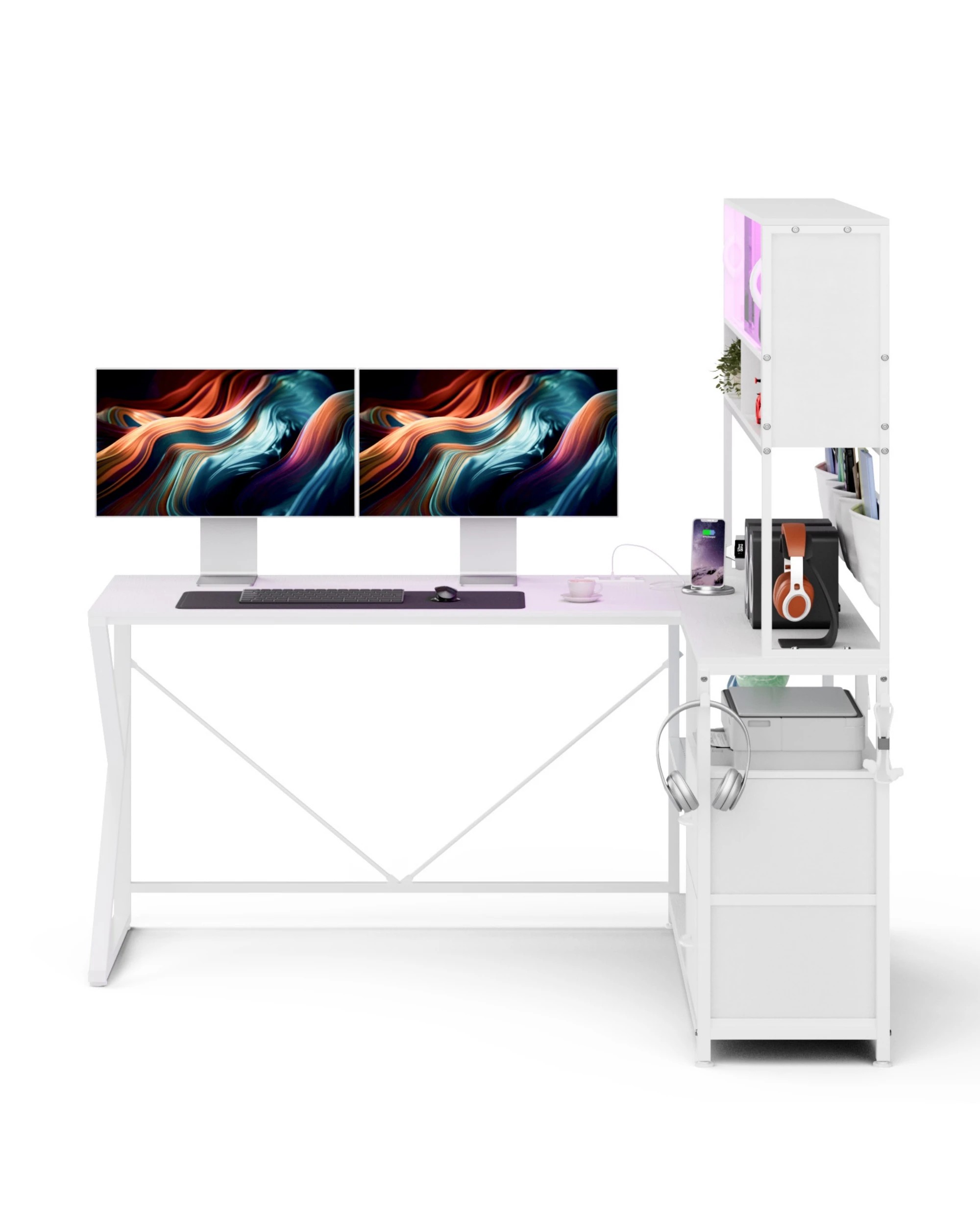 7 Advwin 130cm  L Shaped Gaming Desk with LED Lights & Power Outlets  - White, 7 of 10