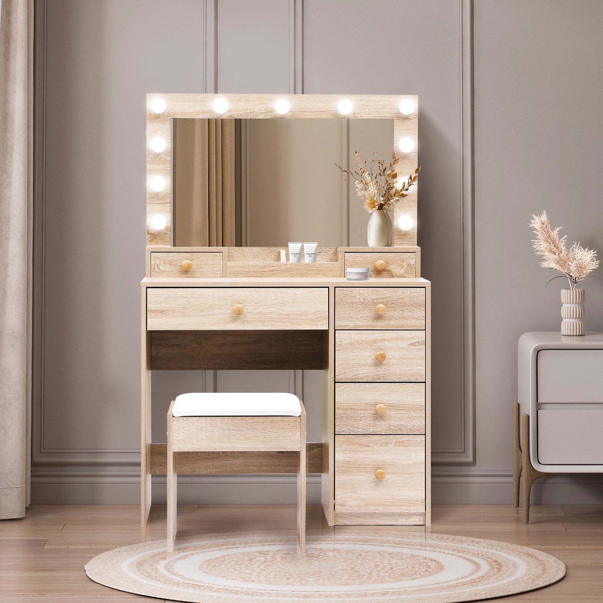 8 Levede Led Mirrordressing Table Set-natural, 8 of 9