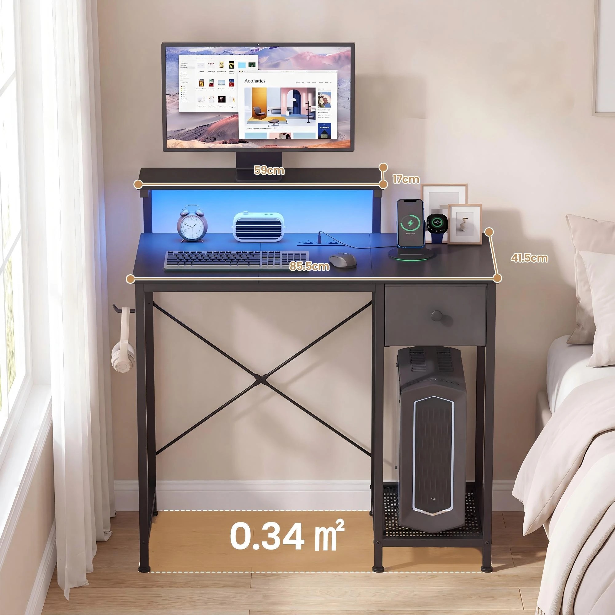 3 Advwin LED Gaming Desk with Adjustable Monitor Stand and Power Outlets Computer Desk with Reversible Shelf - Black, 3 of 9