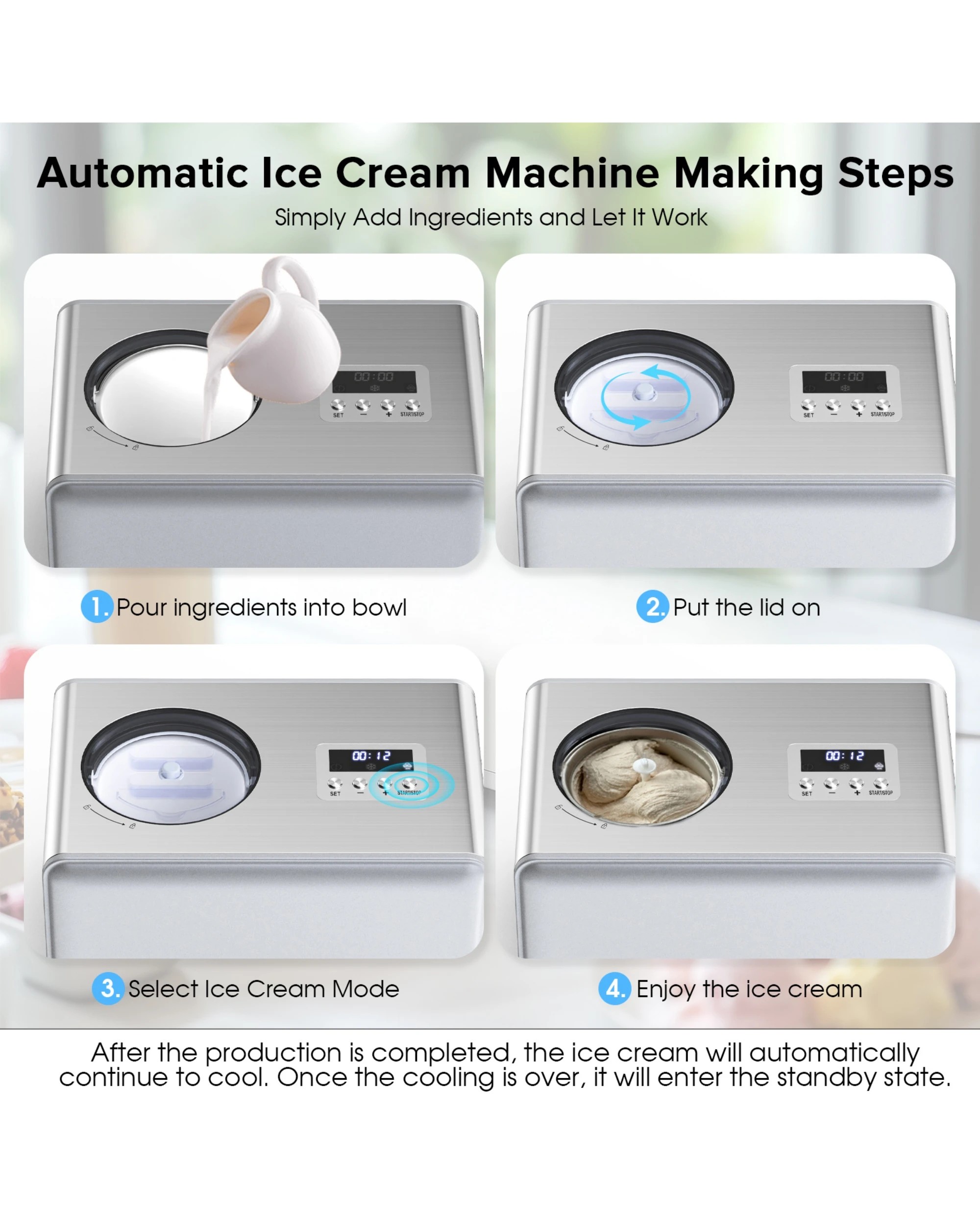 4 Advwin Ice Cream Maker With Built-in Compressor, 2l Frozen Yogurt & Gelato Machine, Sorbet Maker With Lcd Display, 4 of 8