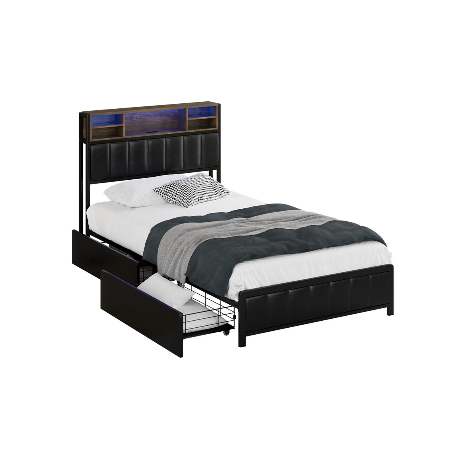 1 Oikiture Bed Frame King Single Size LED Storage Headboard USB Charge 2 Drawers - Black, 1 of 9