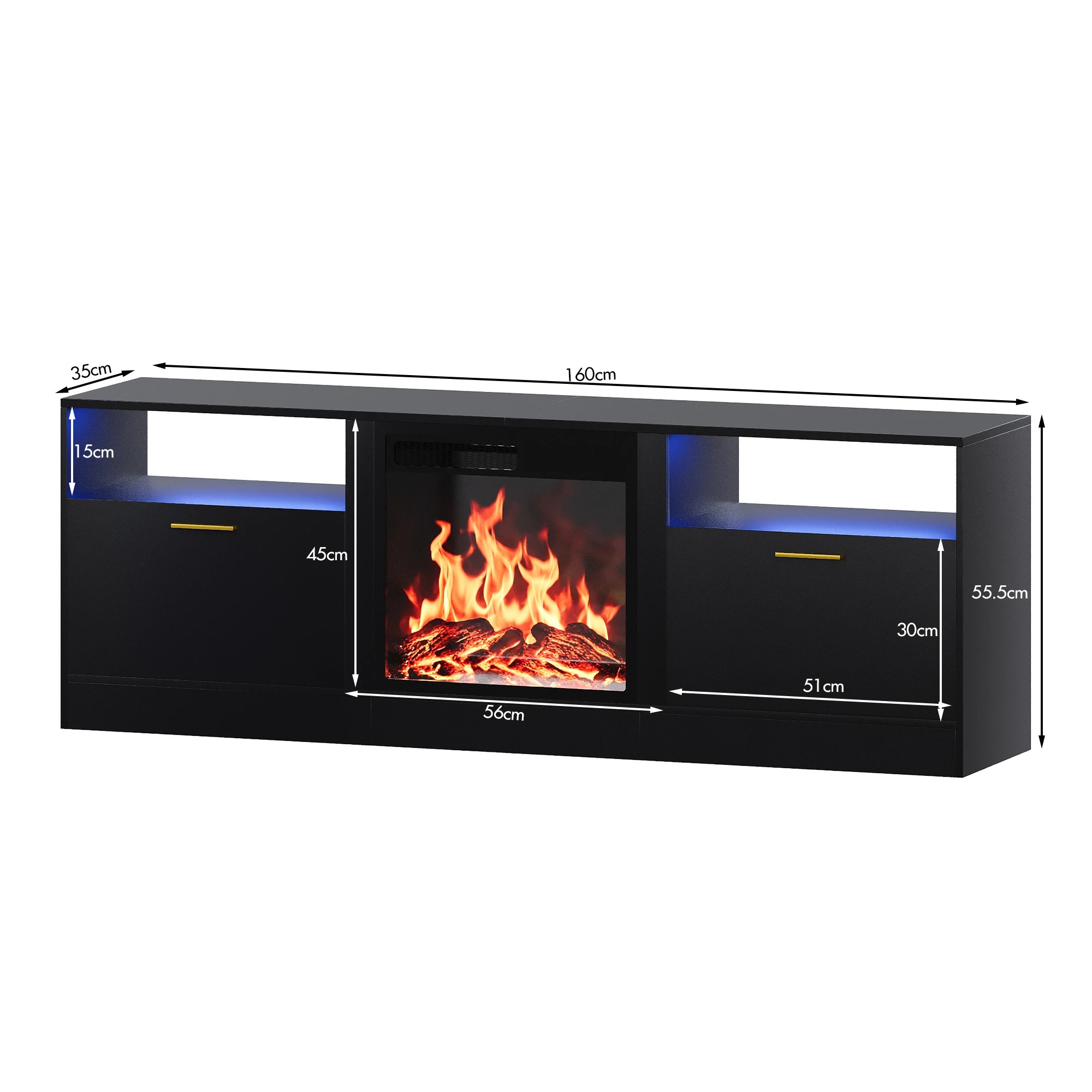 2 Advwin 160cm LED TV Cabinet w/ Fireplace & 3D Flame - Black, 2 of 5