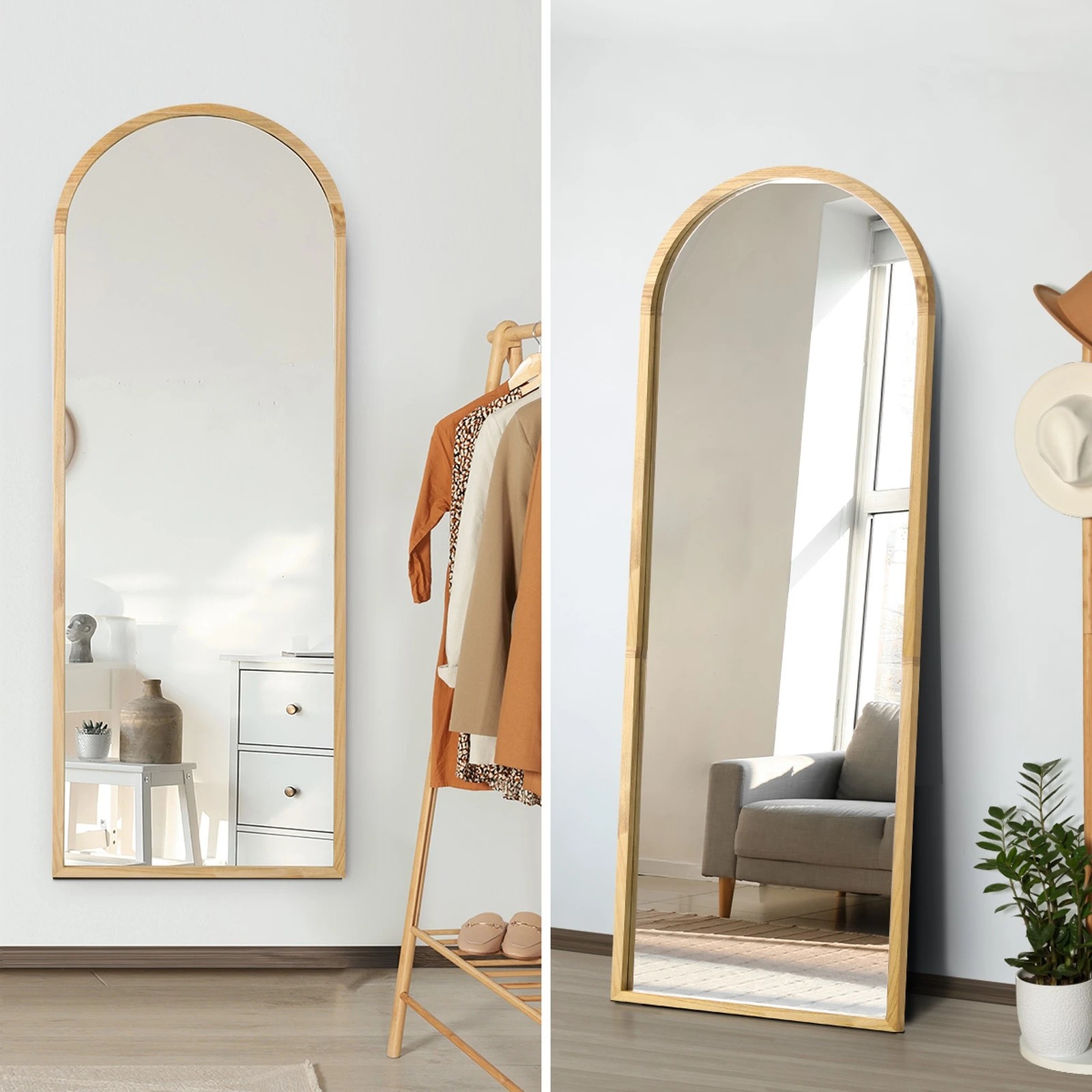 4 Oikiture Wooden Full Length Mirror 180x70cm Arched Dressing Floor Mirrors
 - Natural, 4 of 9