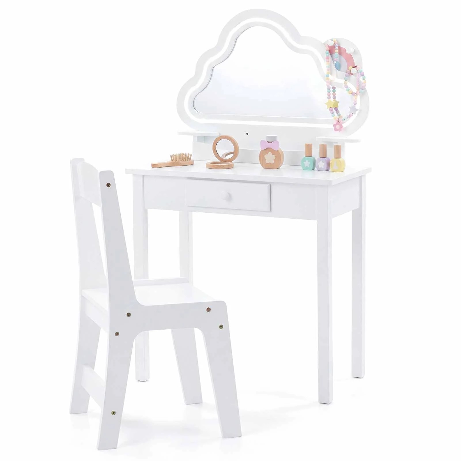 1 Costway Vanity Set Lighted Cloud Mirror 2-in-1 Princess Makeup Dressing Table Chair - White, 1 of 3