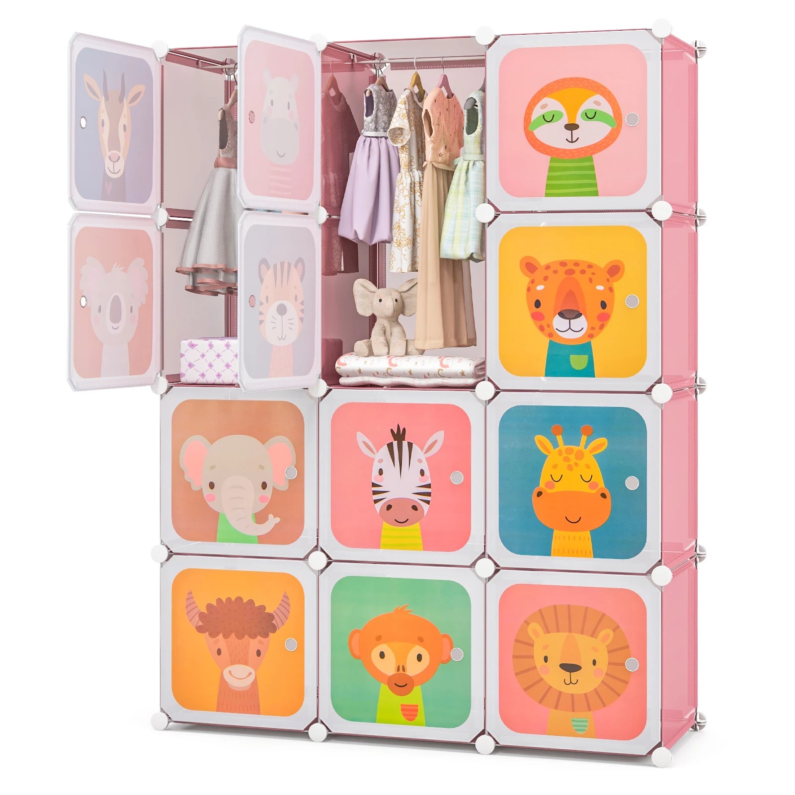 1 Costway 12-Cube Wardrobe DIY Armoire Clothes Closet 2 Hanging Rods - Pink, 1 of 3