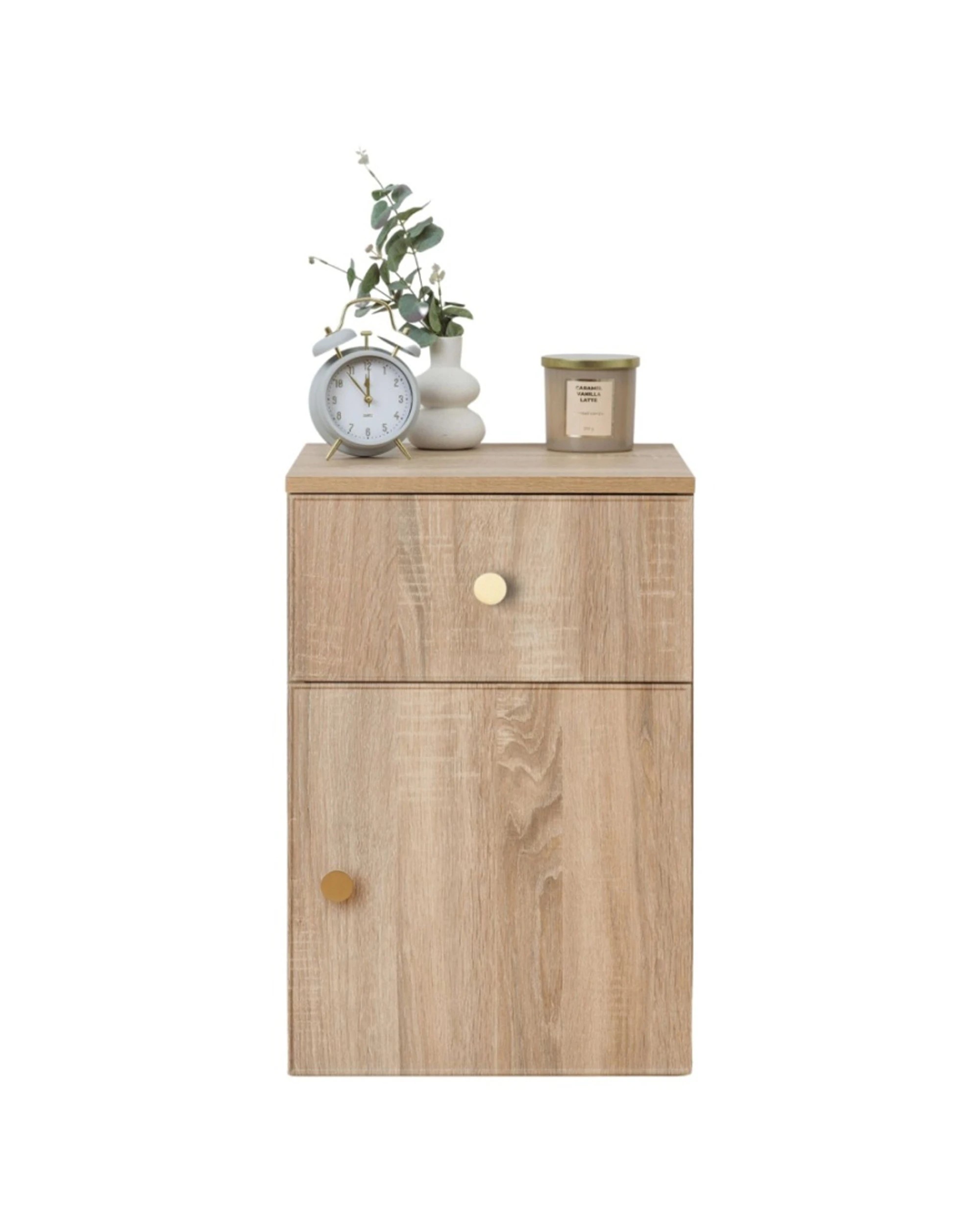 2 European Cabinetry Porto Oak Slim Bedside Table Brass Round Handle - Natural, 2 of 3