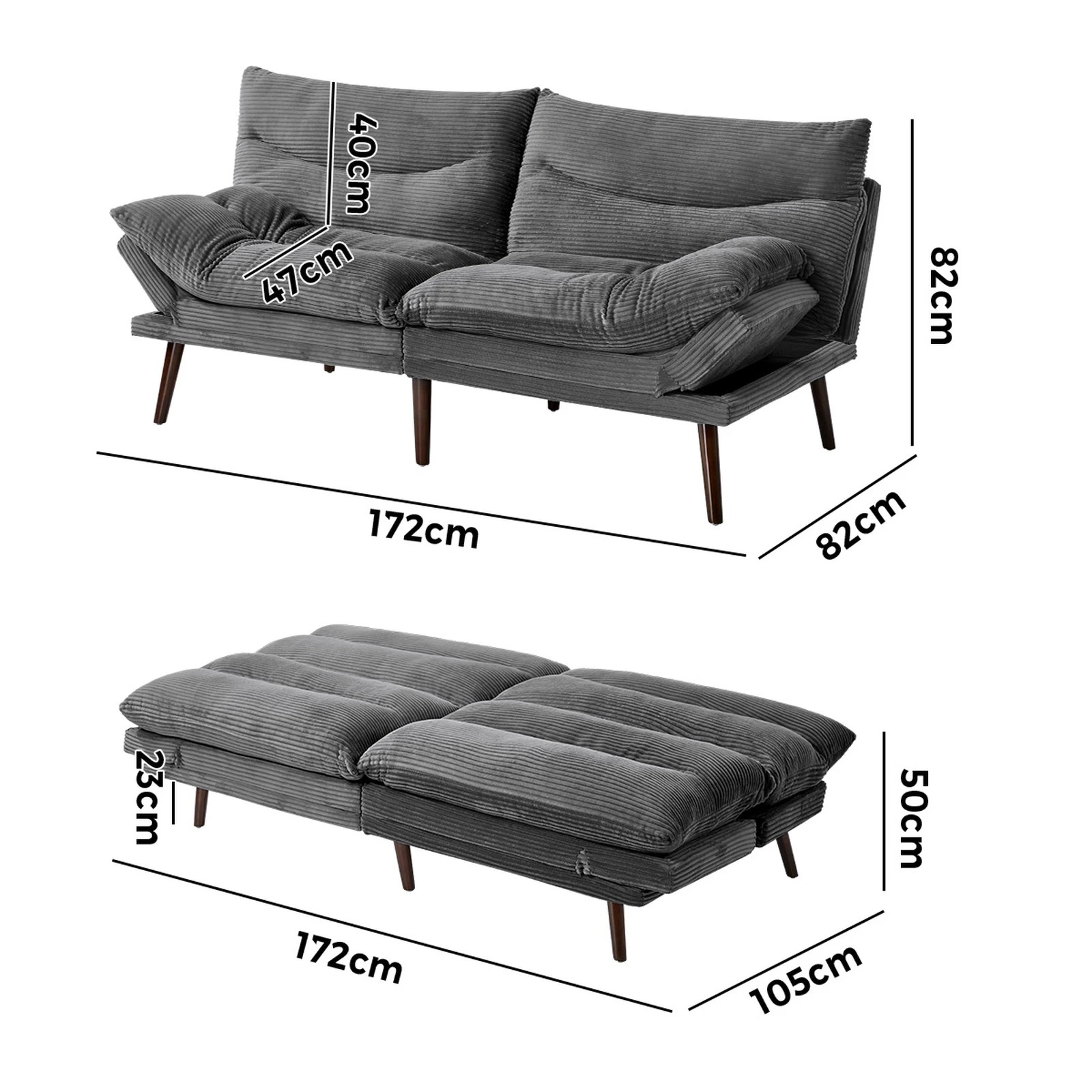 2 Oikiture Sofa Bed Recliner Lounge Couch Corduroy - Grey, 2 of 9