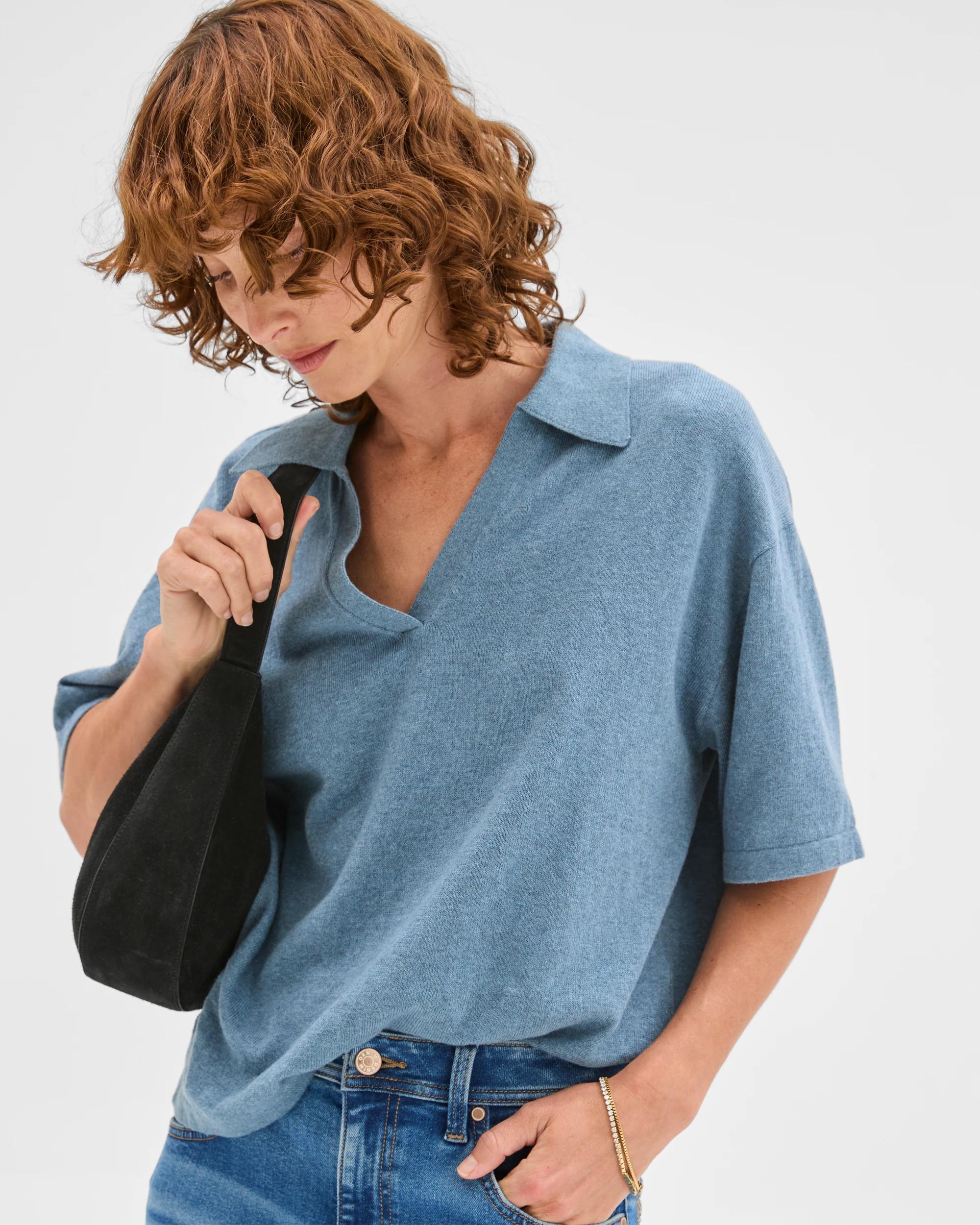 3 Target Woman Australian Cotton Blend Knit Polo Top STEEL BLUE, 3 of 7