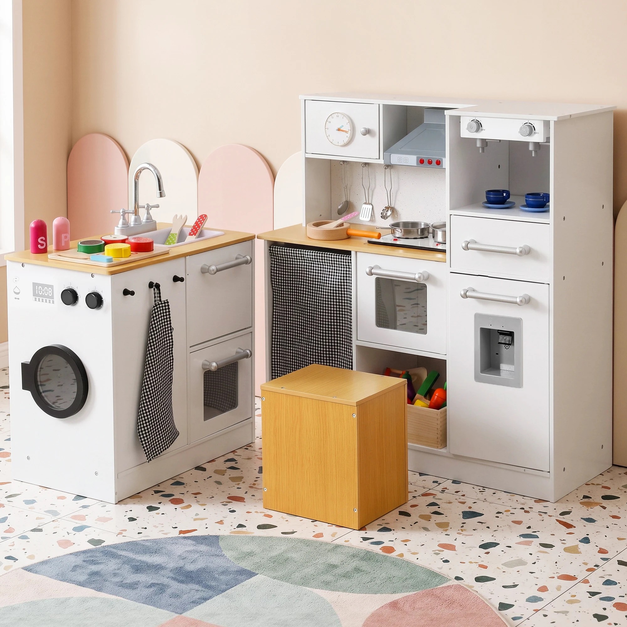 3 Keezi Kids Wooden Pretend Play Kitchen with 29pc Cutting Food Toy Set - Multi, 3 of 8