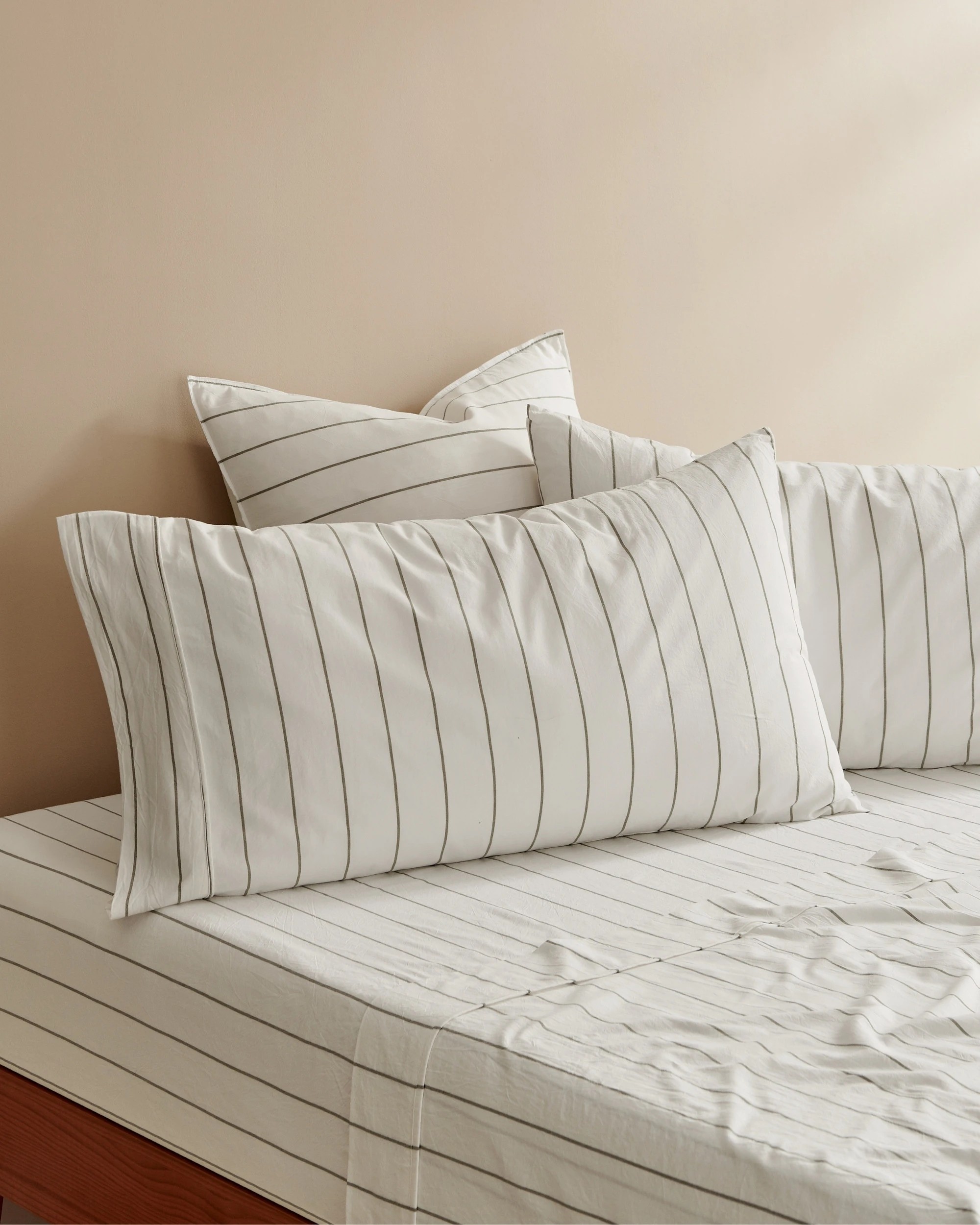 1 Dreamaker Rumi Stripe Washed Cotton King Pillowcase Twin Pack - White with Olive, 1 of 4
