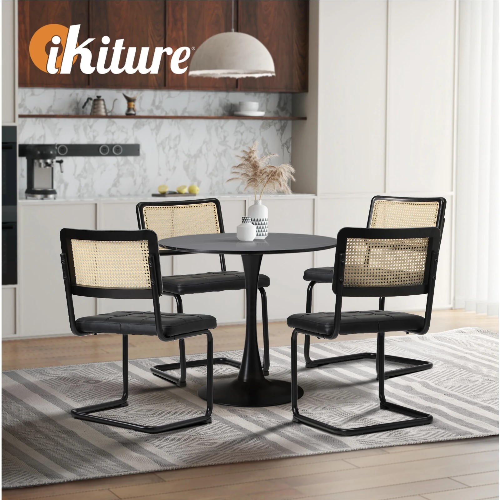 5 Oikiture 90cm Round Dining Table with 4PCS Dining Chairs PU Leather - Black, 5 of 9
