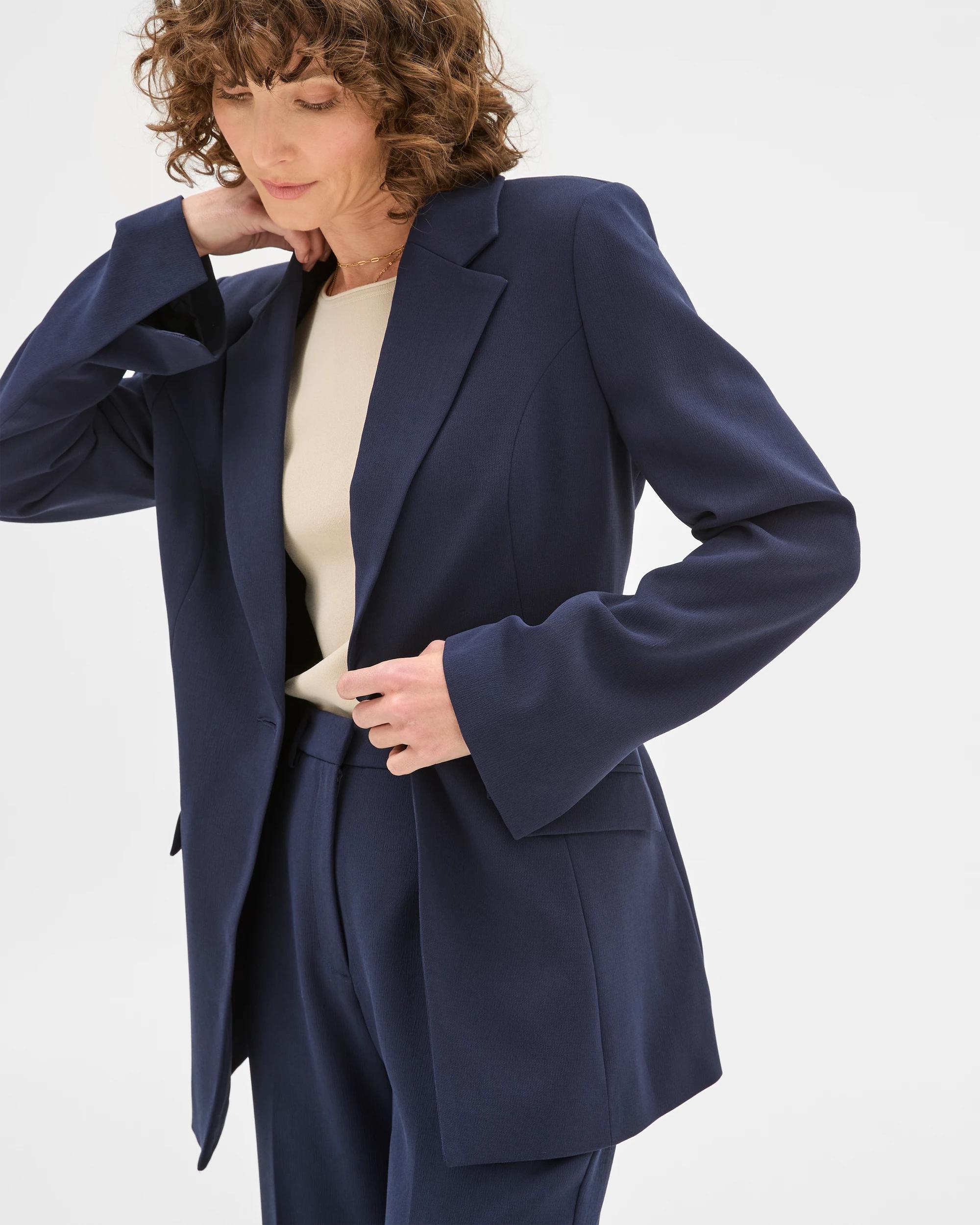 2 Crepe Tailored Single Breasted Cinched Waist Blazer - Preview NAVY BLUE, 2 of 7