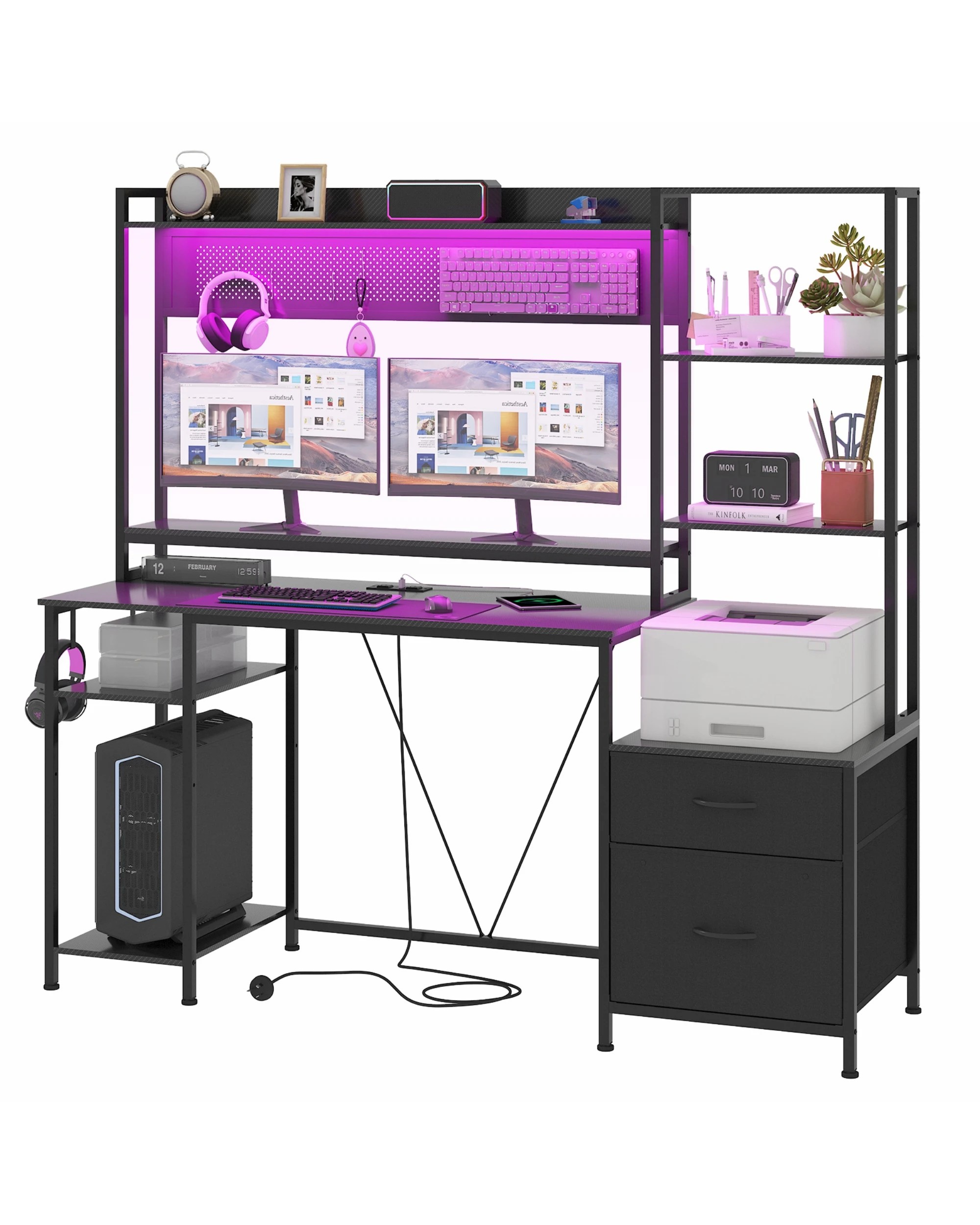 1 Advwin Reversible Gaming Desk with LED Lights & Power Outlets 165cm - Black, 1 of 9