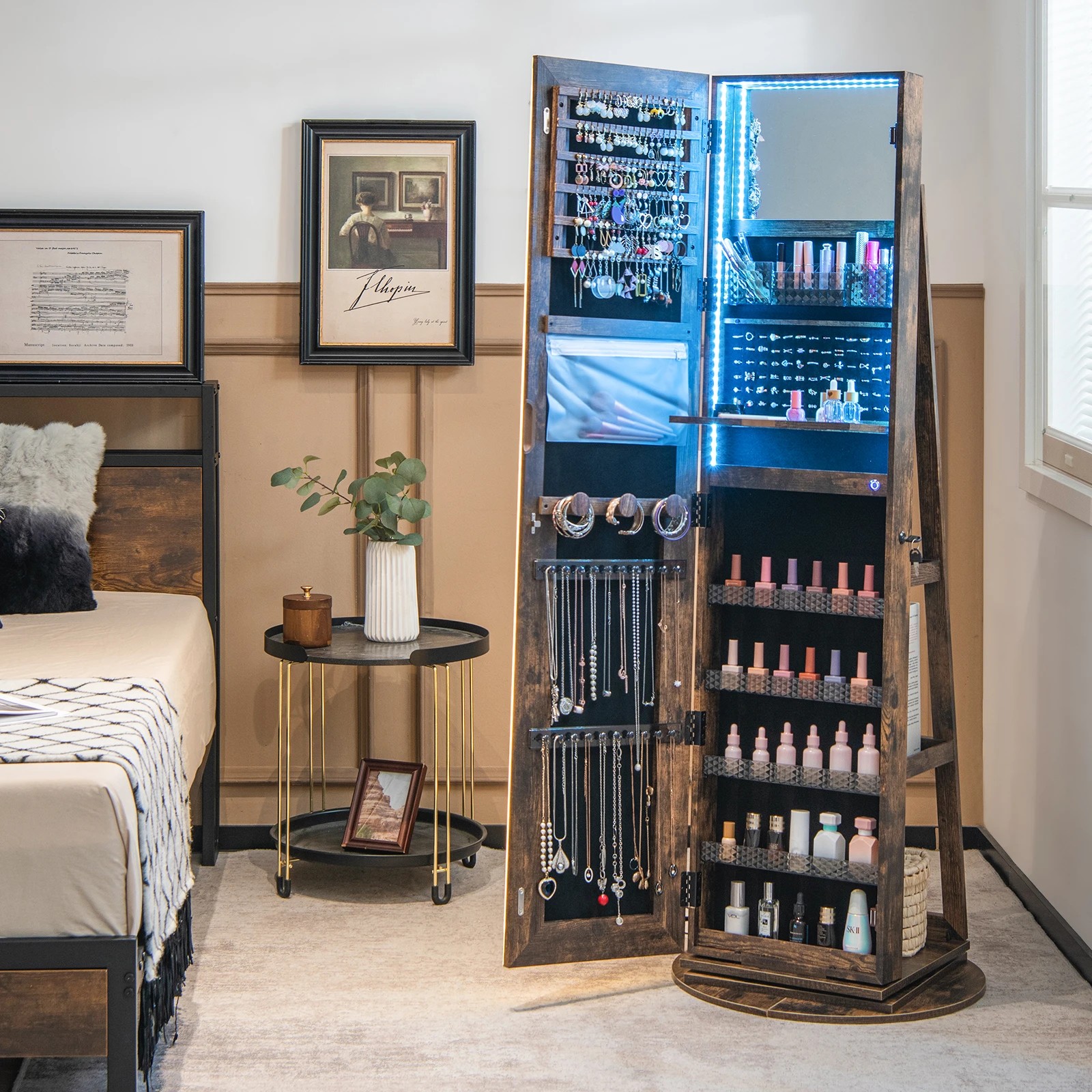 4 Costway 360° Swivel Jewellery Cabinet LED Mirror Jewelry Cupboard w/Storage Shelves - Brown, 4 of 4