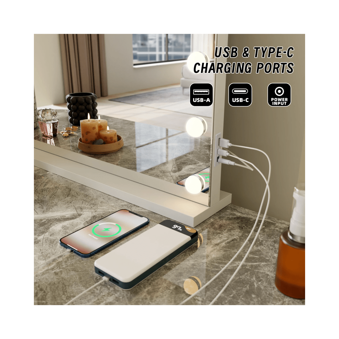 3 Lenoxx Beauty Mirror with 18 LED Bulbs, Colour Settings, White Frame,  and USB A and C Ports, 3 of 4