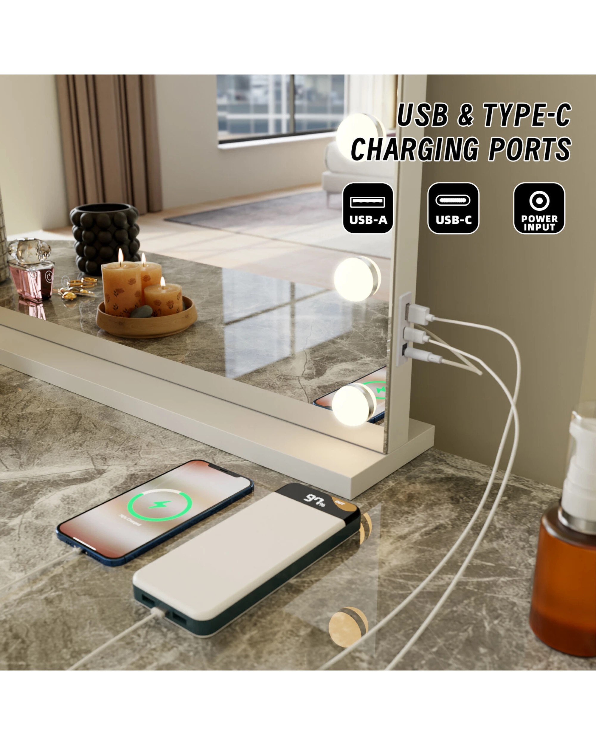 3 Lenoxx LED Beauty Mirror with 18 Bulbs, Colour Settings, USB A and USB C, White, 80 x 62cm, 3 of 4