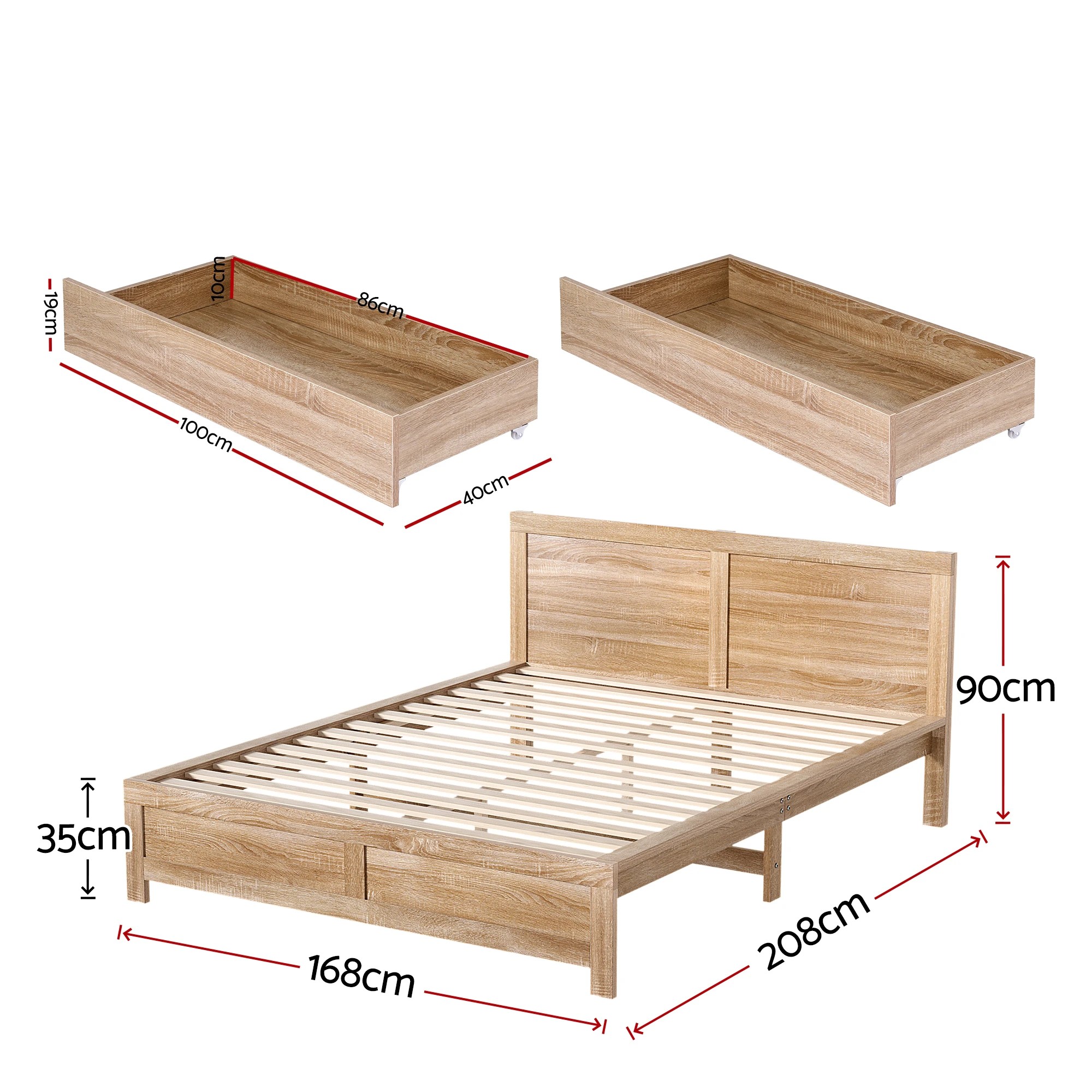3 Artiss Queen Size Bed Frame with 2 Drawers Bedroom Furniture - Brown, 3 of 8