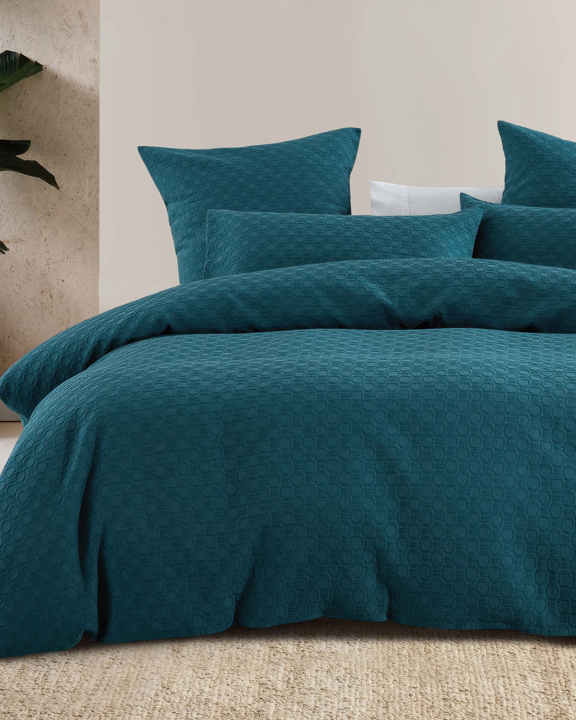1 Bambury Luna Jacquard Cotton-Polyester Blend  Easy Care Machine Washable  Quilt Cover Set  Teal - Queen Bed - Blue, 1 of 4
