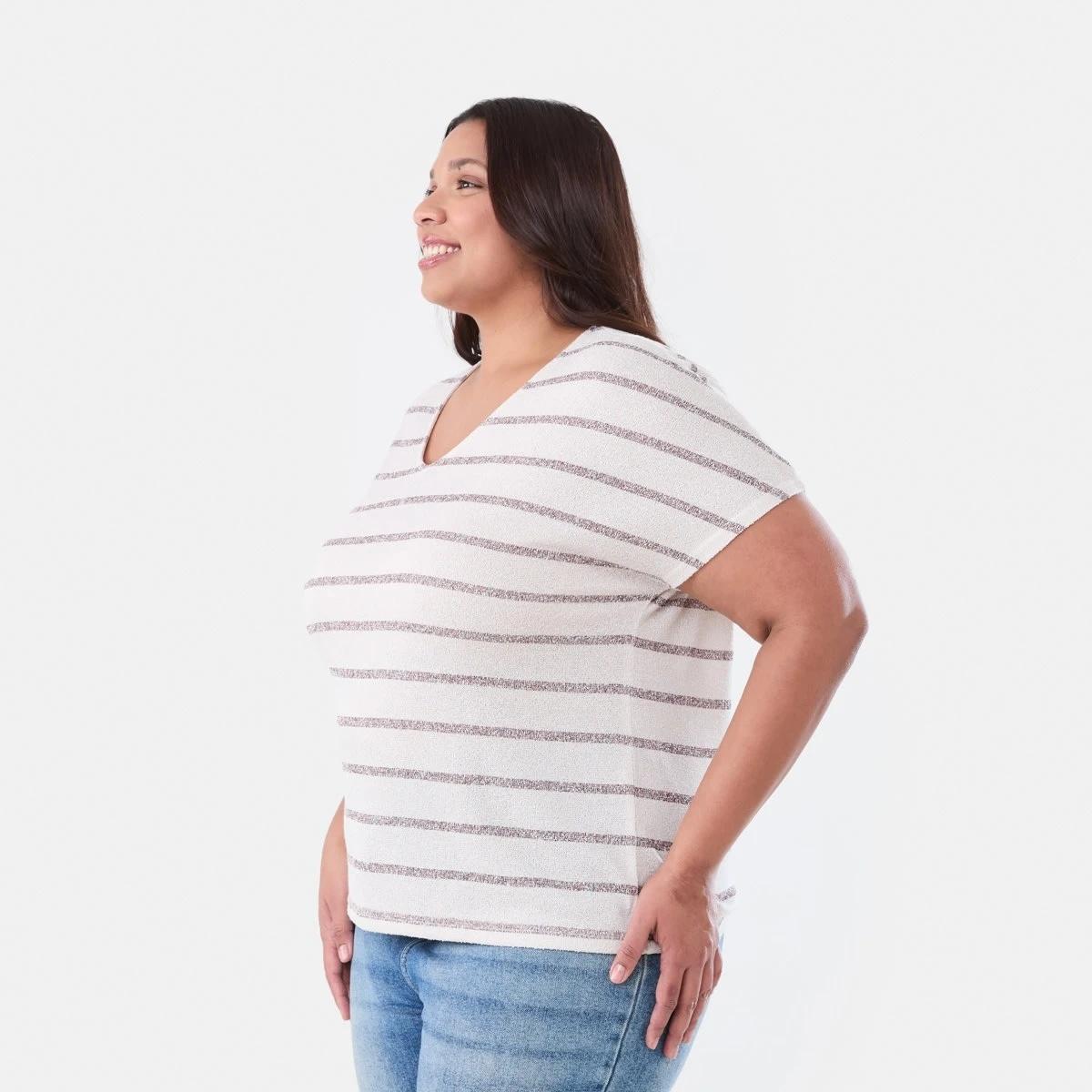 2 Curve Short Sleeve Textured Top STRIPE WARM MULBERRY, 2 of 5