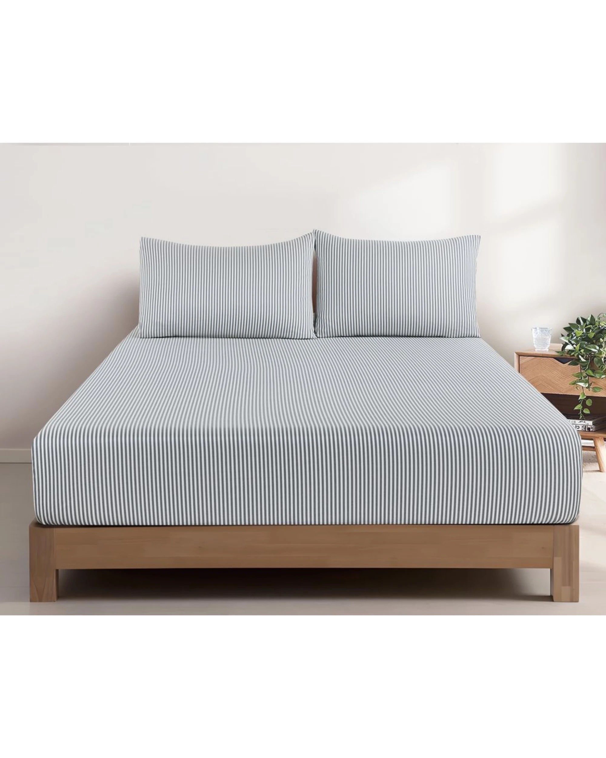 1 CleverPolly Yarn-Dyed Washed Microfibre Fitted Sheet Set - King Bed - Thin Stripe Steel Blue, 1 of 7