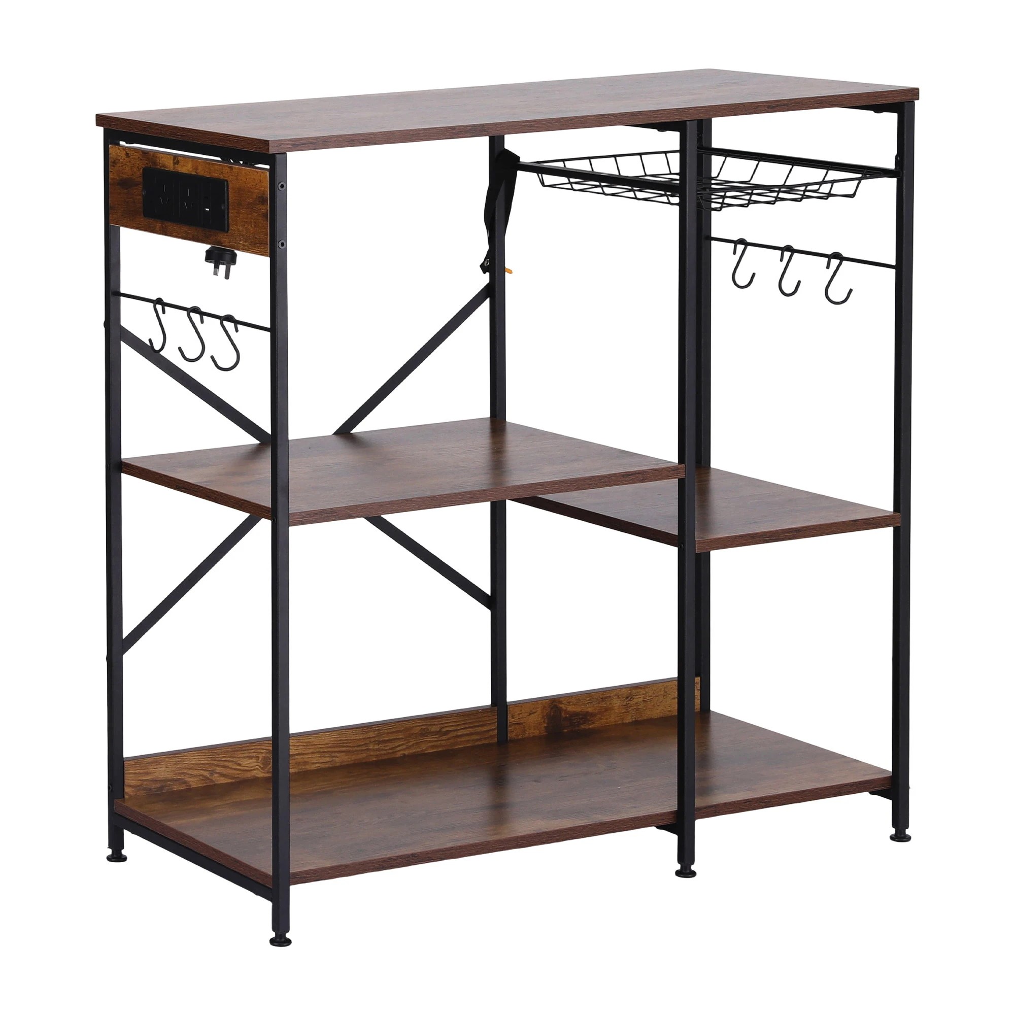 1 Artiss 3-Tier Kitchen Bakers Rack with 2 Power Outlets Microwave Stand 6 Hooks 90CM - Brown, 1 of 9