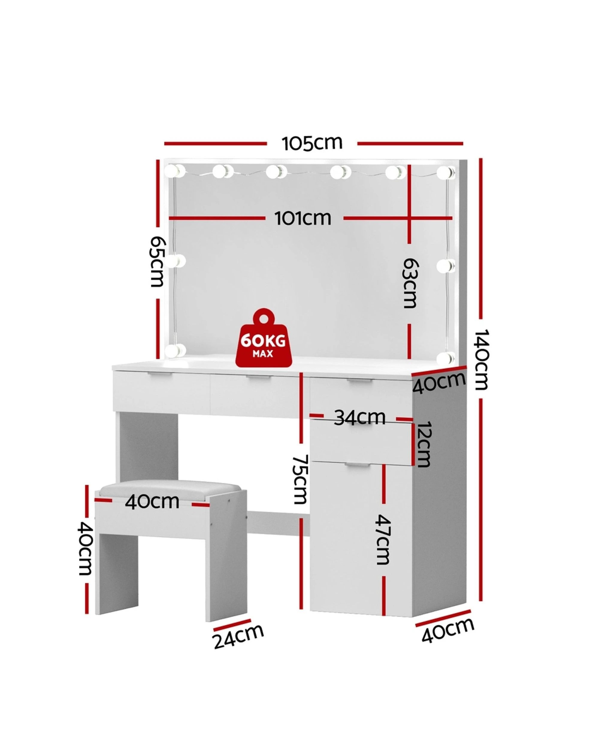 2 Artiss Dressing Table Set Stool 10 Led Bulbs - White, 2 of 8