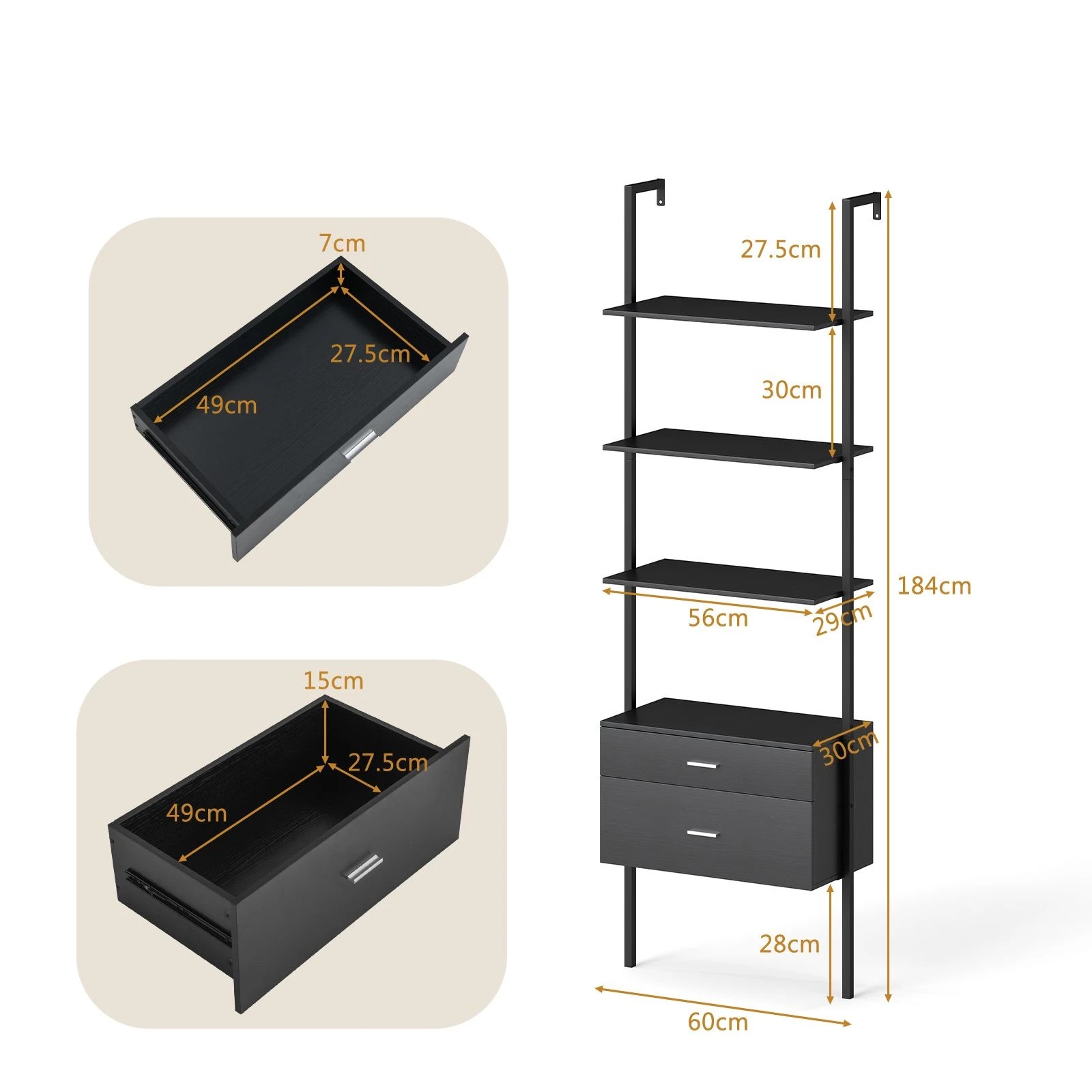 4 Costway 6-Tier Ladder Bookcase Wall-Mounted Bookshelf w/2 Drawers Modern Open Display Shelf - Black, 4 of 5
