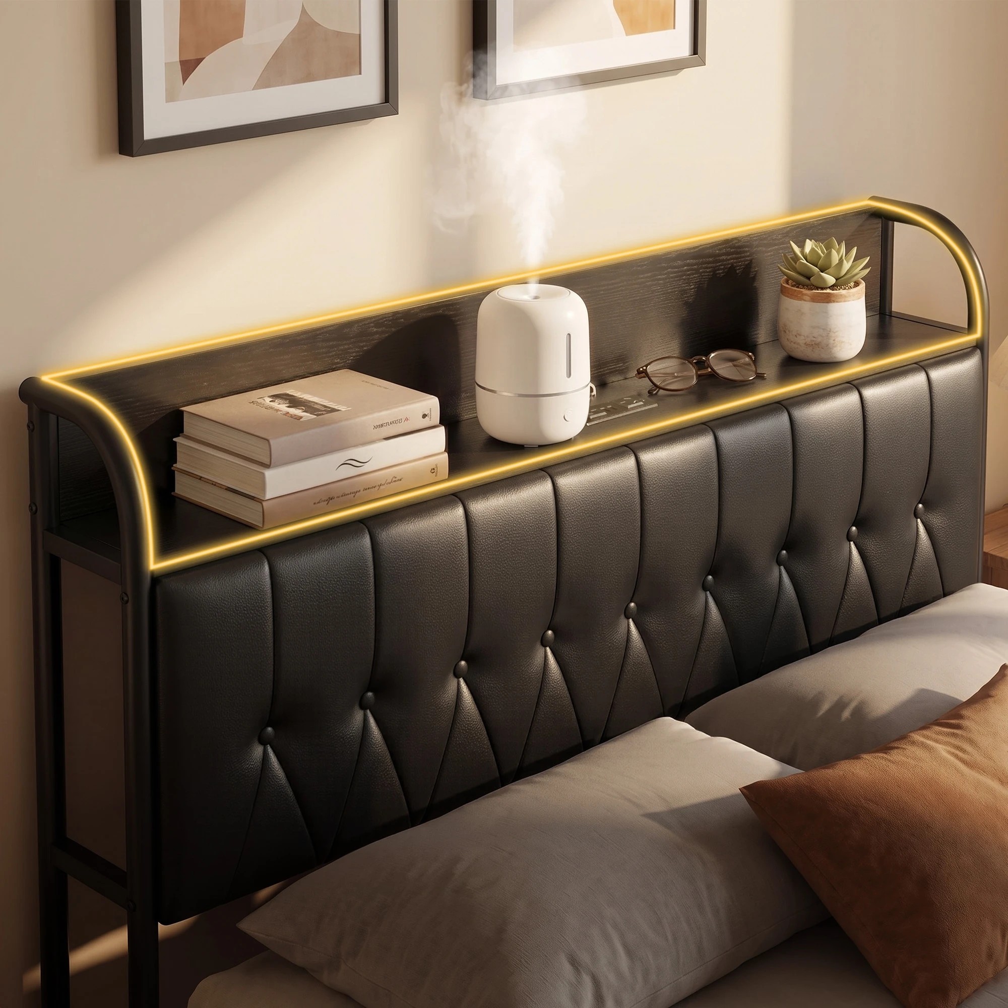 5 Artiss Double Bed Frame with Storage Headboard SAA Certified Charging Station - Black, 5 of 10