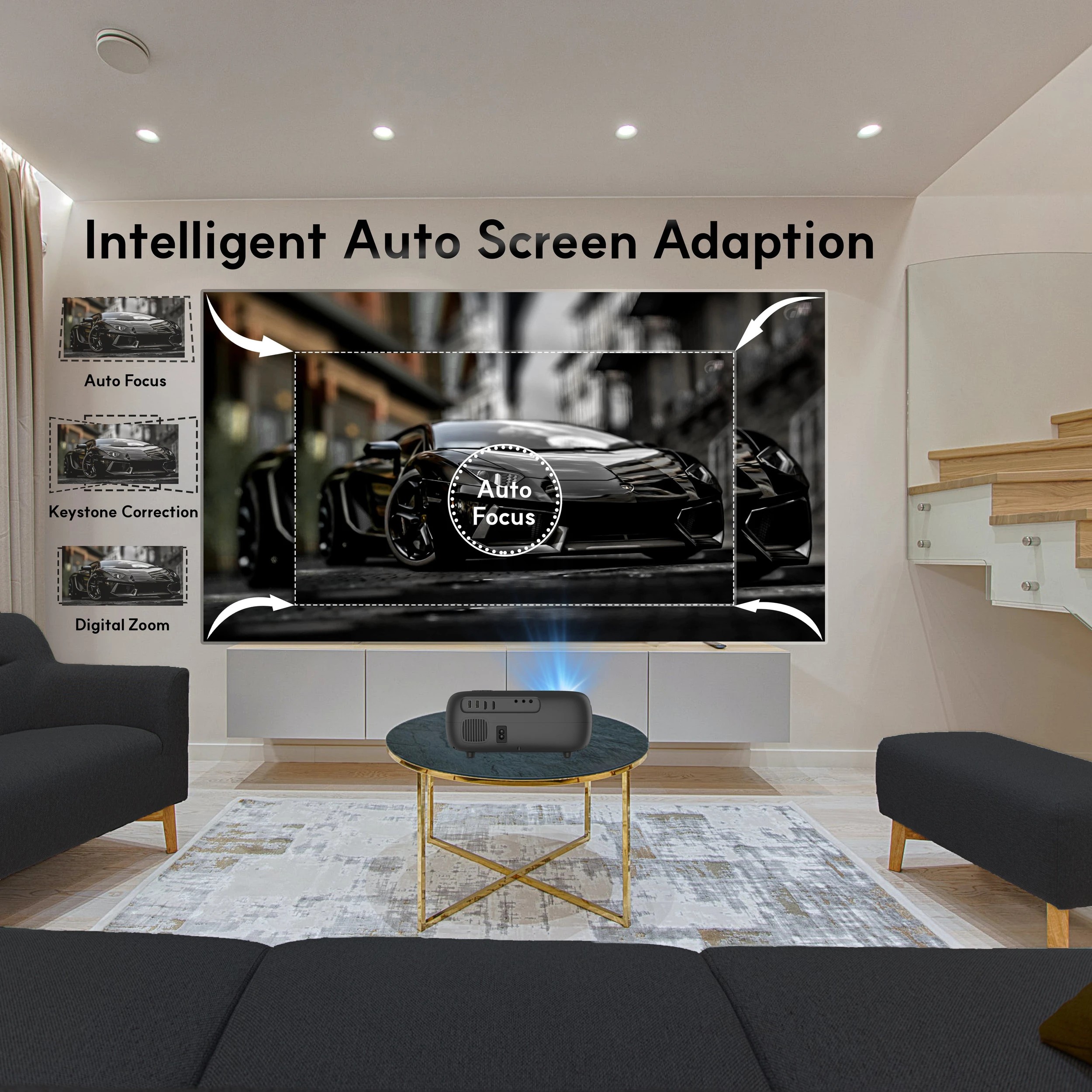 1 Alliums Projector AUTO Focus AUTO Keystone Portable Native 1080p Full HD, 300 Inch Display - Black, 1 of 4